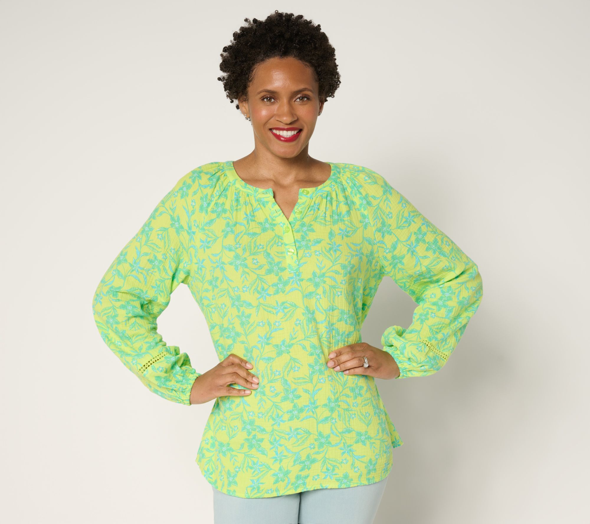 "As Is" Belle Beach by Kim Gravel Gauze Henley Top with Ladder Lace