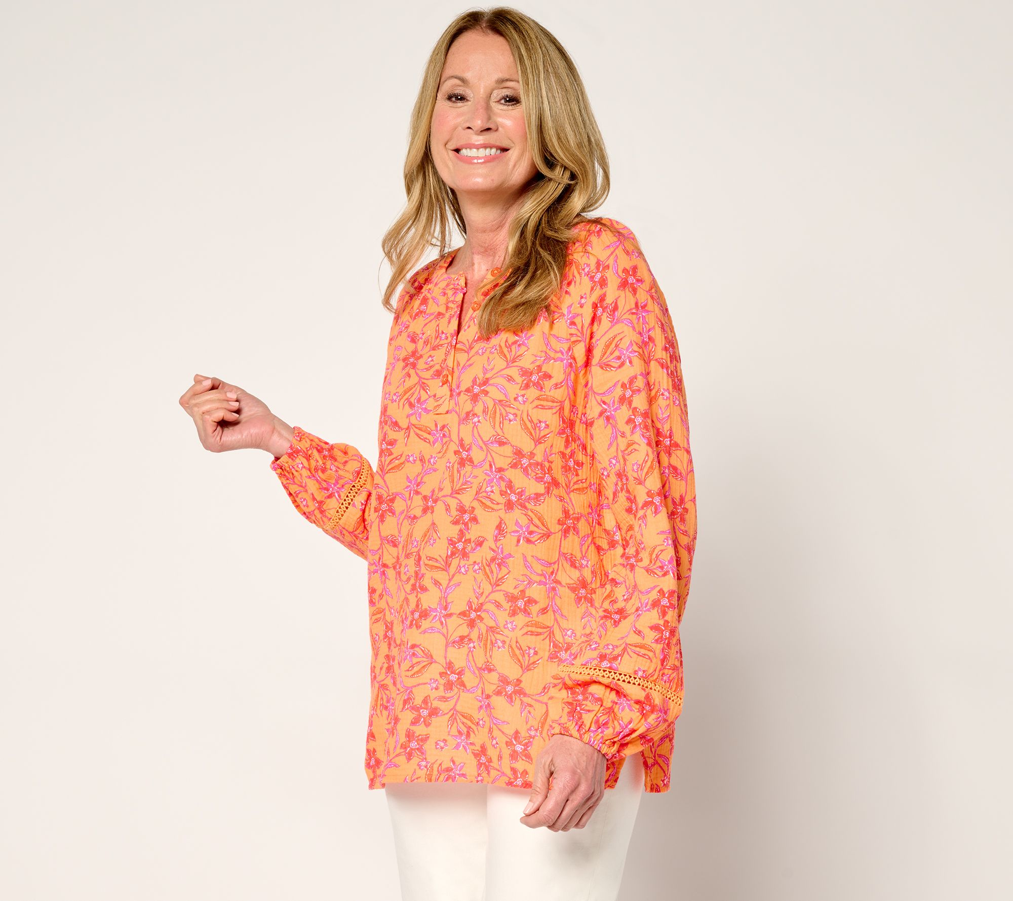 "As Is" Belle Beach by Kim Gravel Gauze Henley Top with Ladder Lace