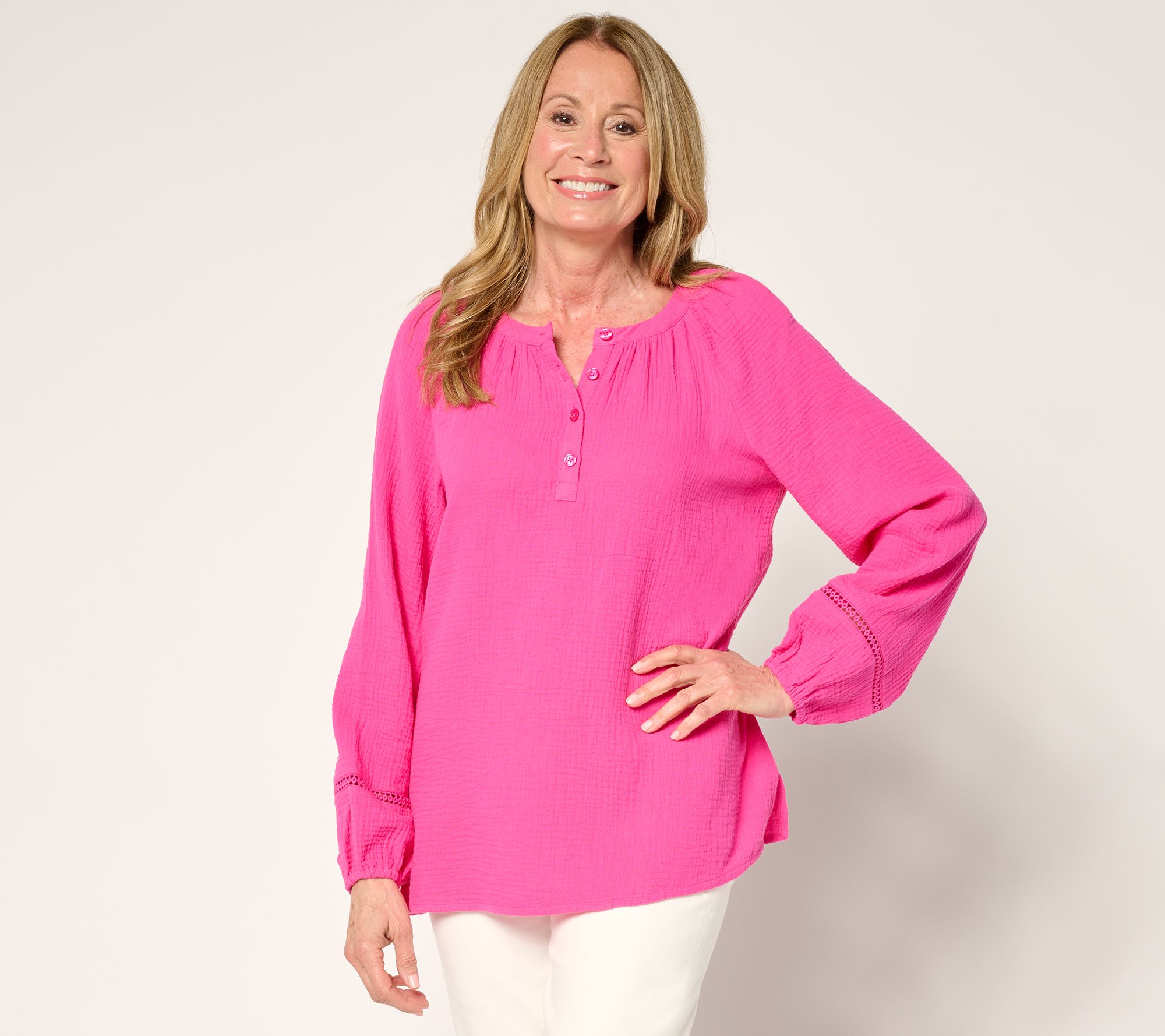 "As Is" Belle Beach by Kim Gravel Gauze Henley Top with Ladder Lace