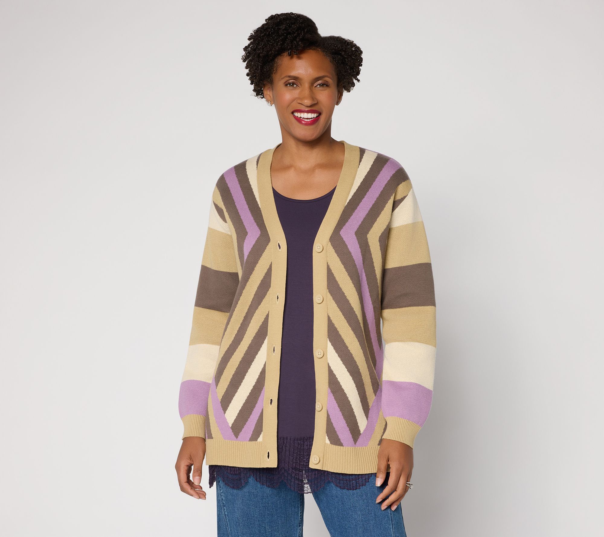  LOGO by Lori Goldstein Mixed Stripe Button Front Cotton Cardigan