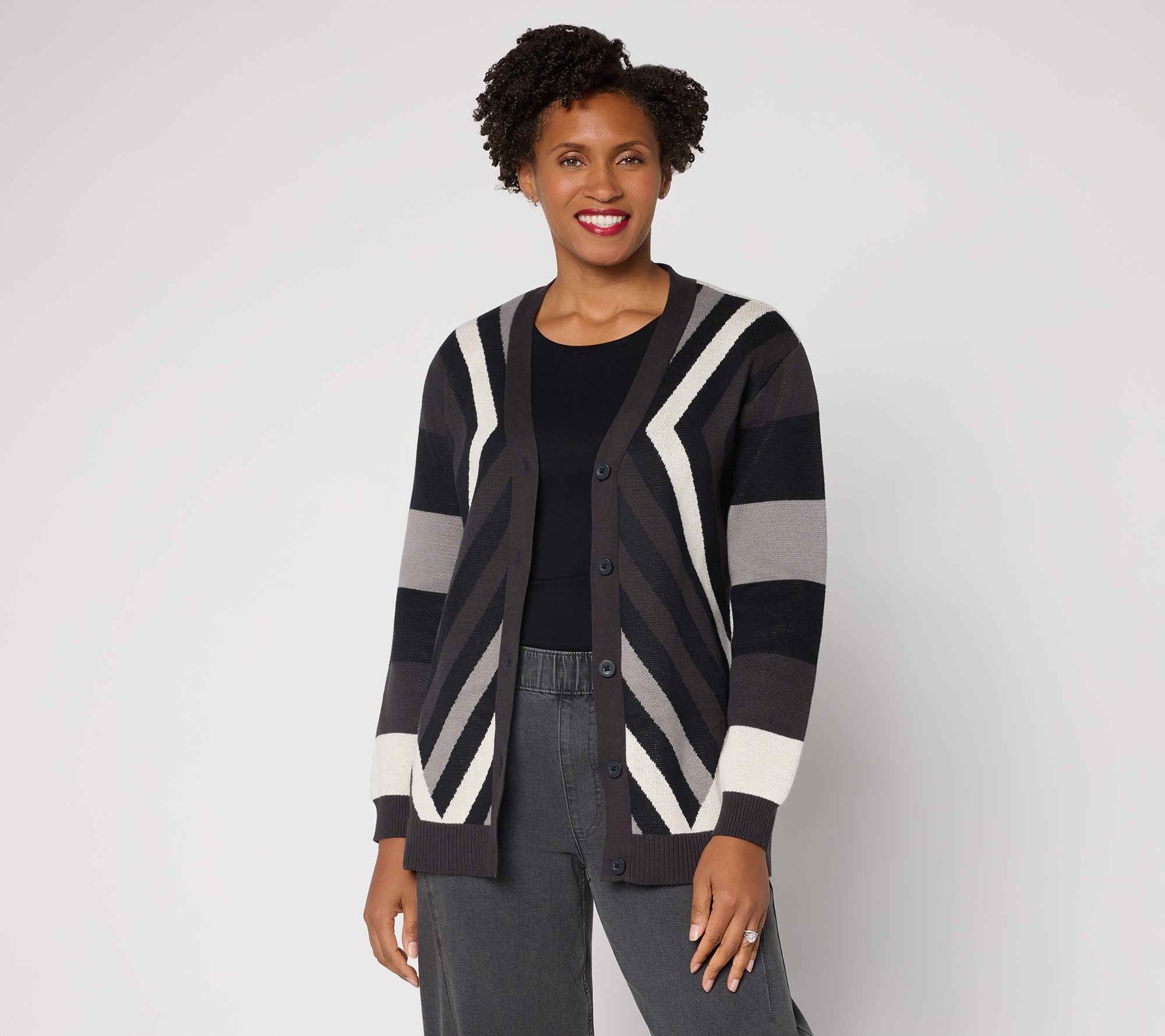 LOGO by Lori Goldstein Mixed Stripe Button Front Cotton Cardigan