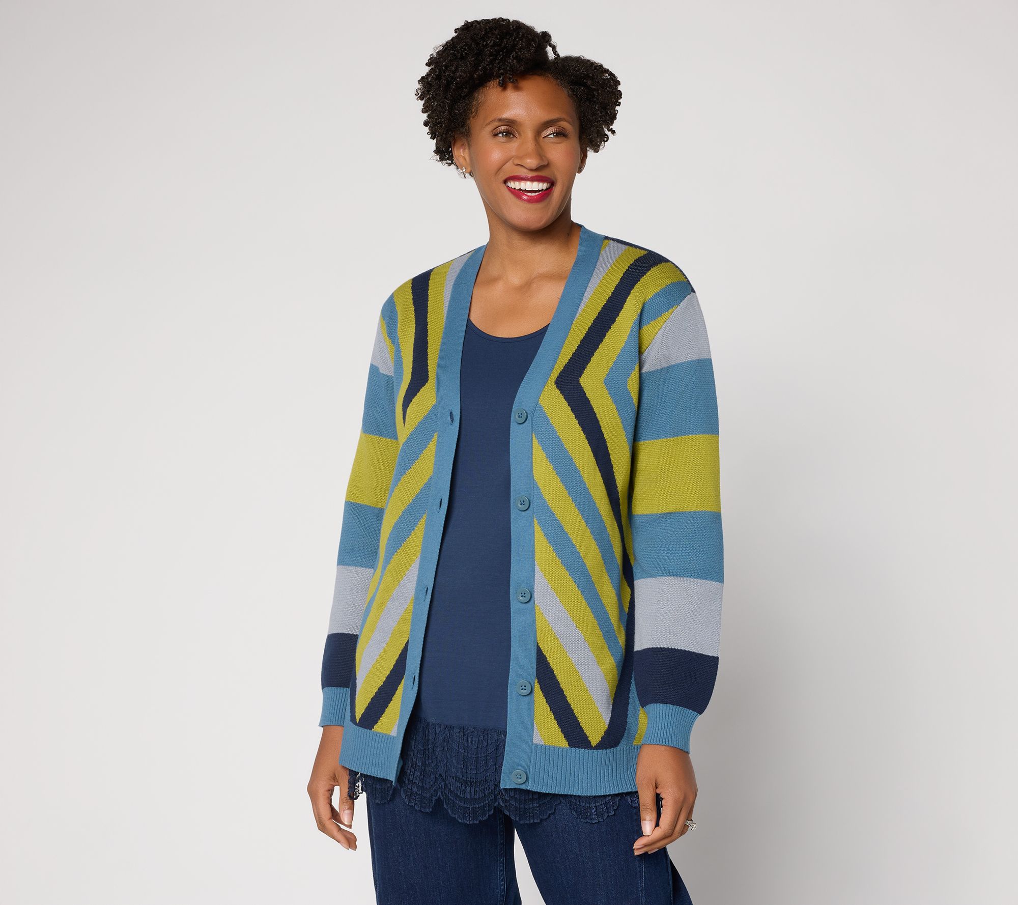 LOGO by Lori Goldstein Mixed Stripe Button Front Cotton Cardigan