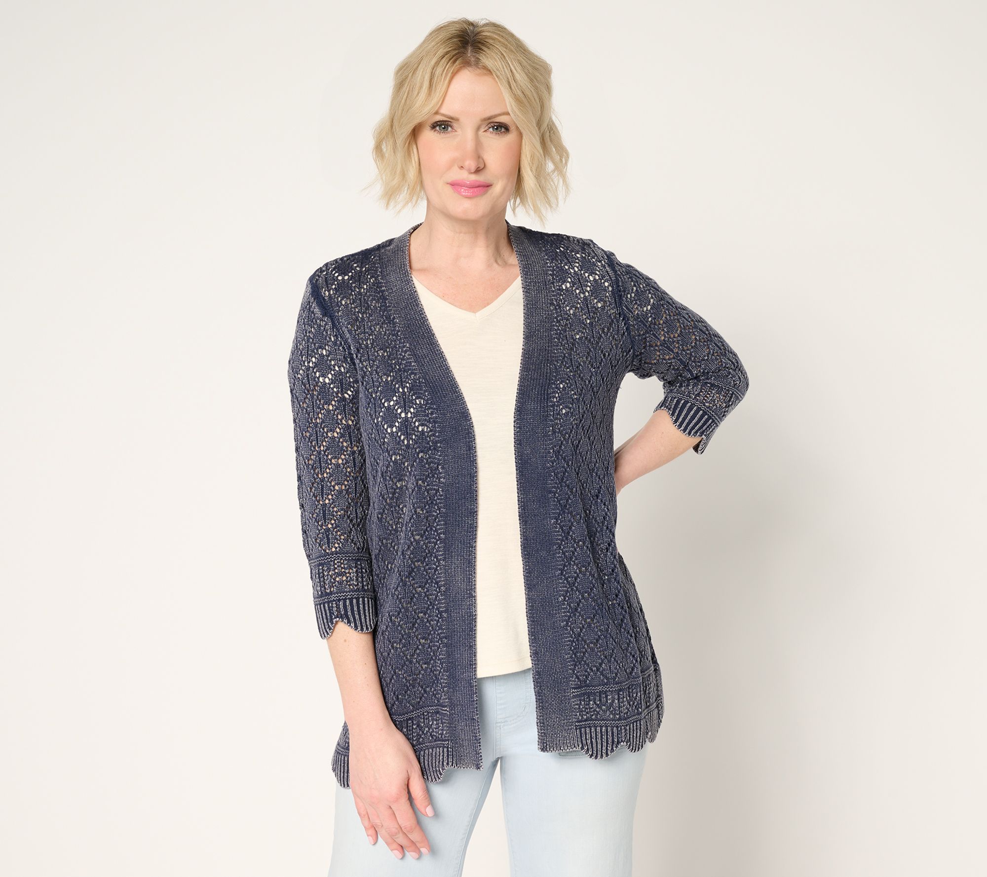 "As Is" Denim & Co. Petite 100% Cotton Pointelle Cardigan