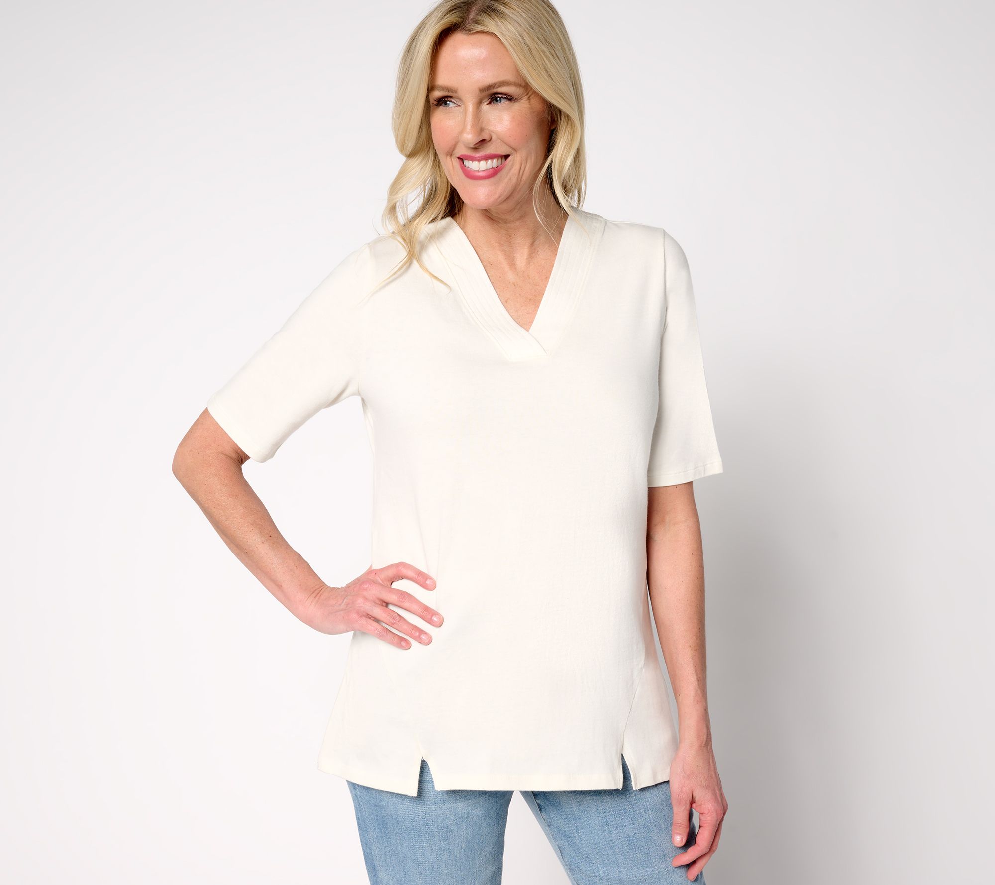 "As Is" Denim & Co. Essentials True Cotton V-Neck Top with Slit Hem