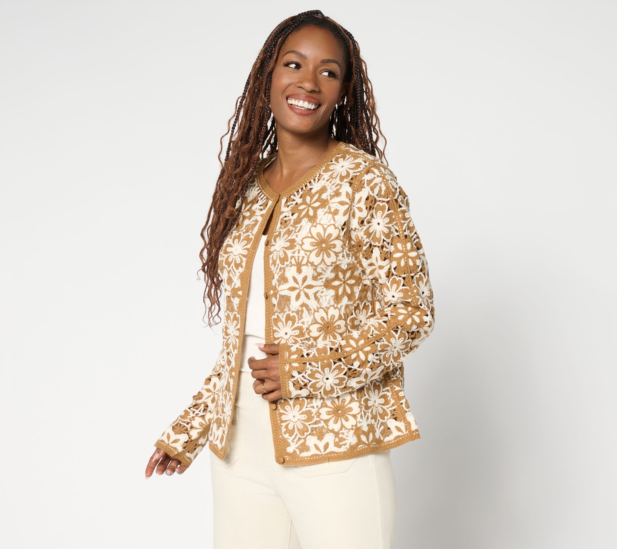 "As Is" GRAVER Susan Graver Two Tone Crochet Button Front Shrug