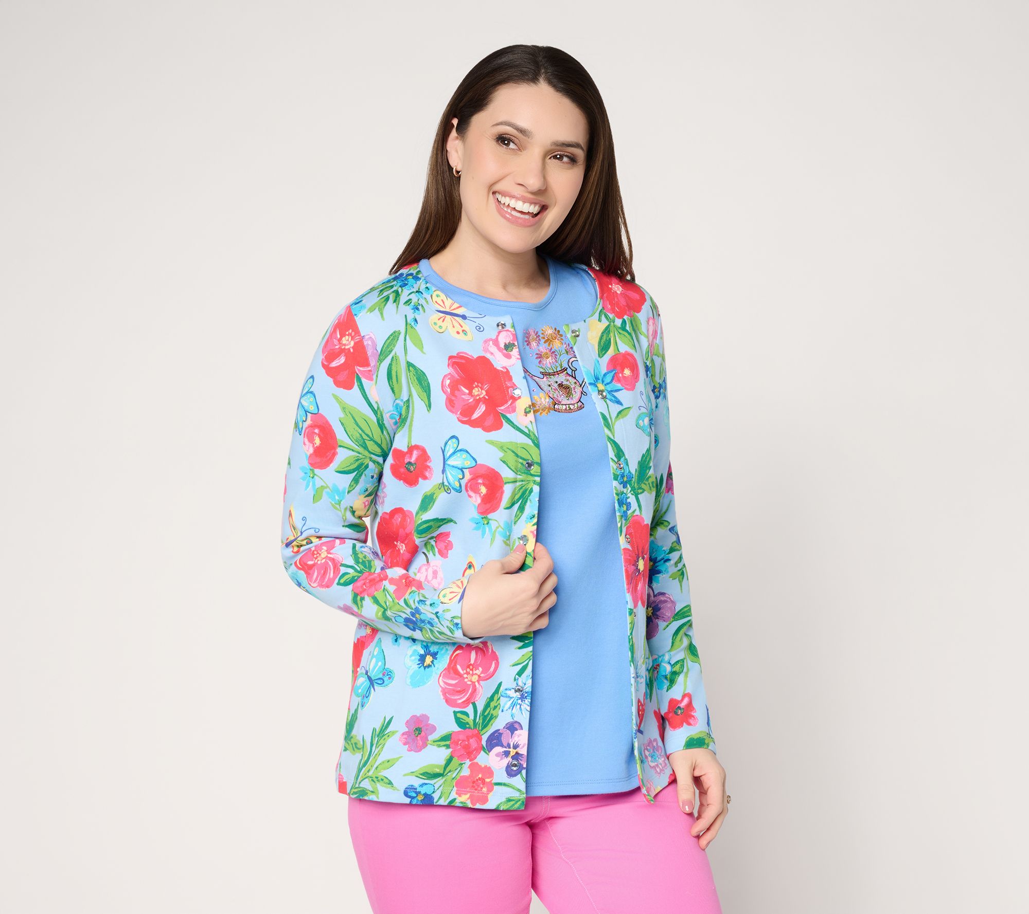 Quacker Factory Beauty in Bloom Long Sleeve Snap Front Cardigan