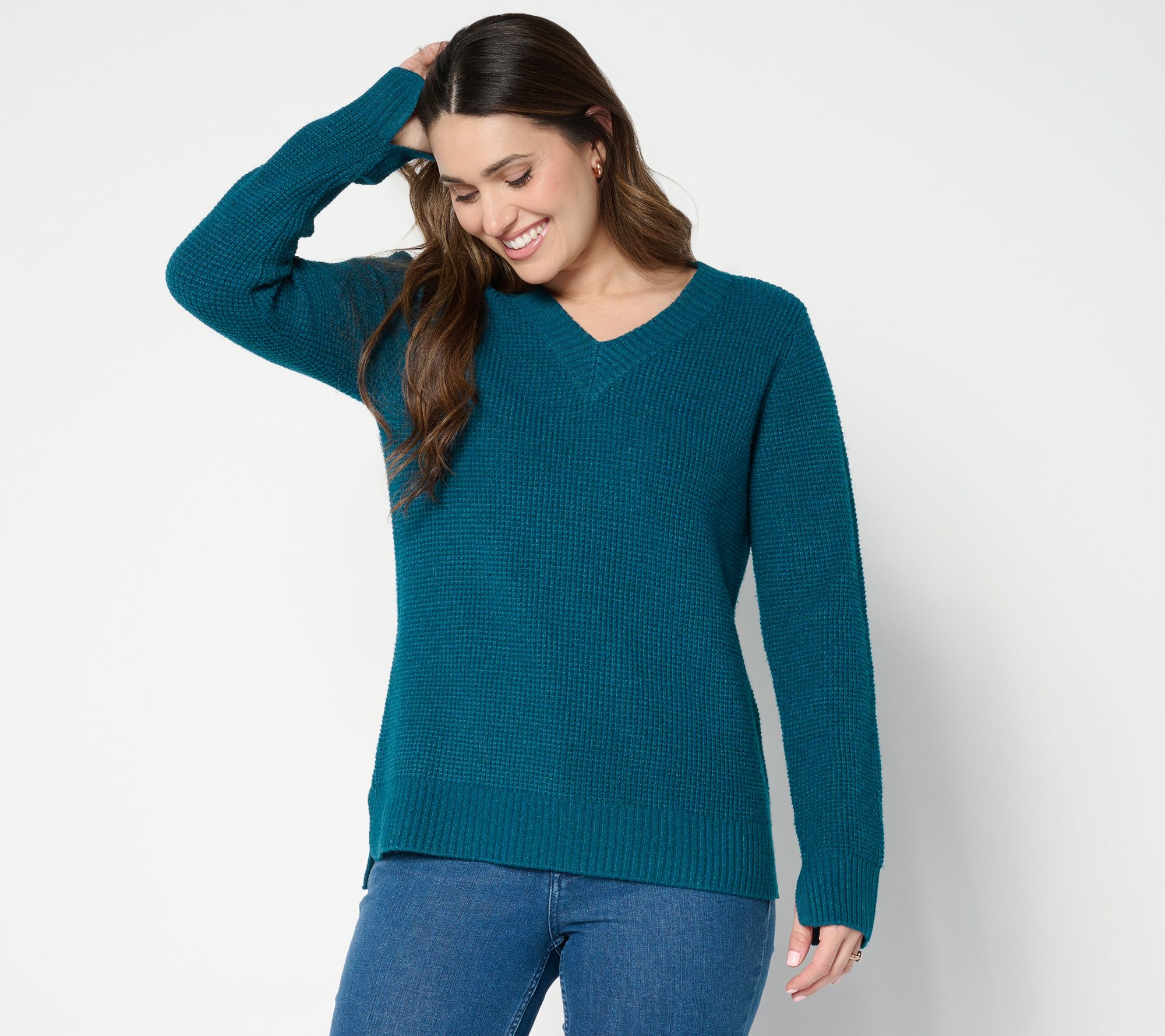 As Is Denim & Co. Waffle Stitch V-Neck Long Sleeve Sweater