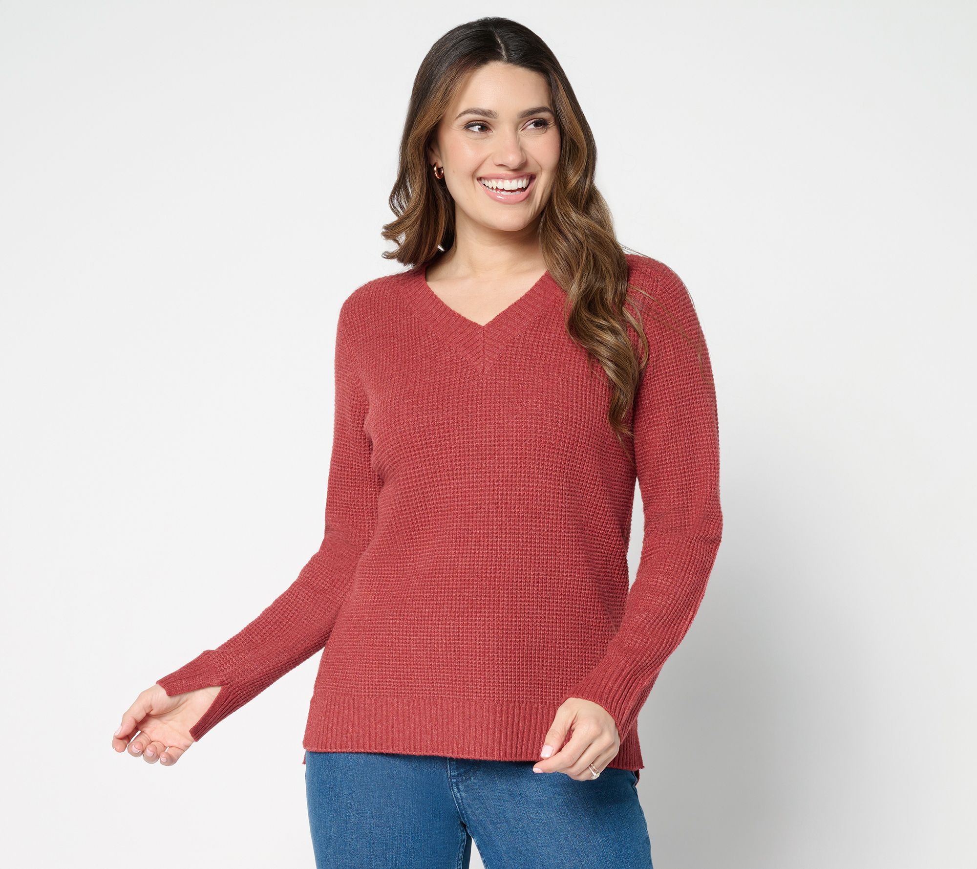 "As Is" Denim & Co. Waffle Stitch V-Neck Long Sleeve Sweater
