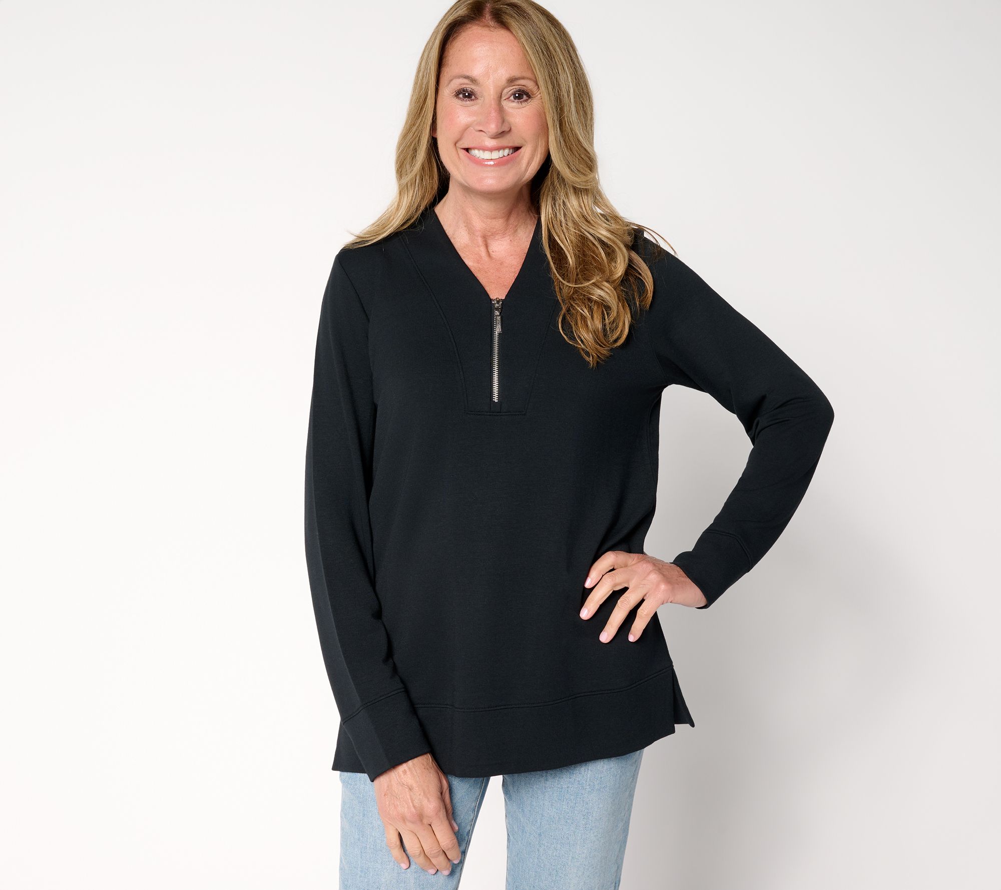 "As Is" Denim & Co. Active Fleece-Back Knit V-Neck Top