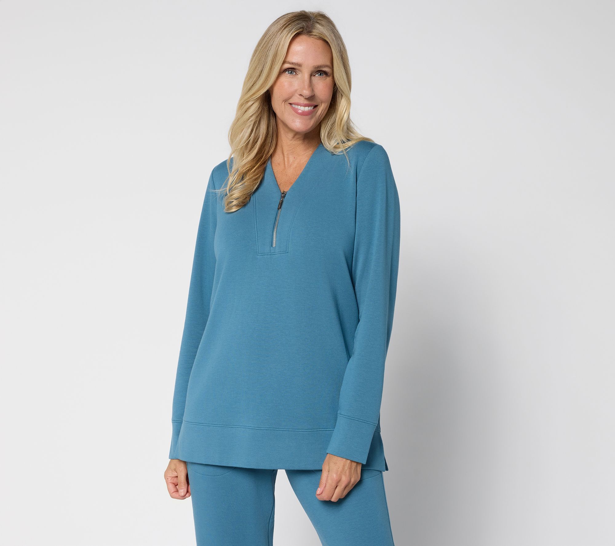 "As Is" Denim & Co. Active Fleece-Back Knit V-Neck Top