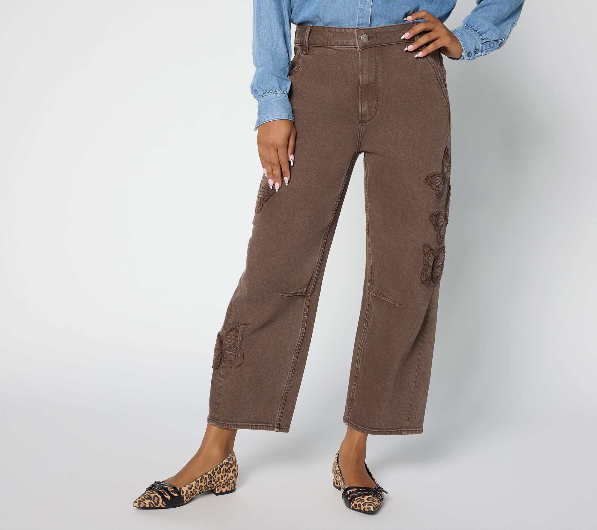 "As Is" Driftwood Jeans Barbie Barrel Jeans- Butterfly Patch