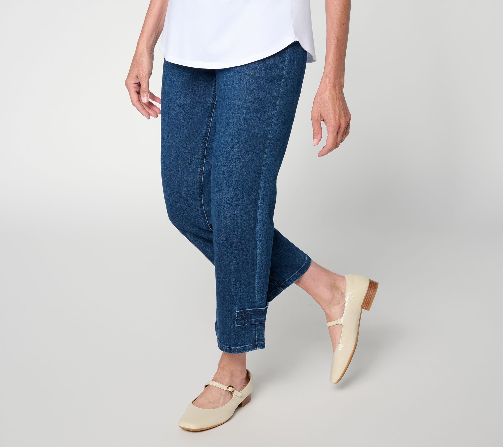 Susan Graver Stretch Denim Petite Crop Jean with Tab Detail