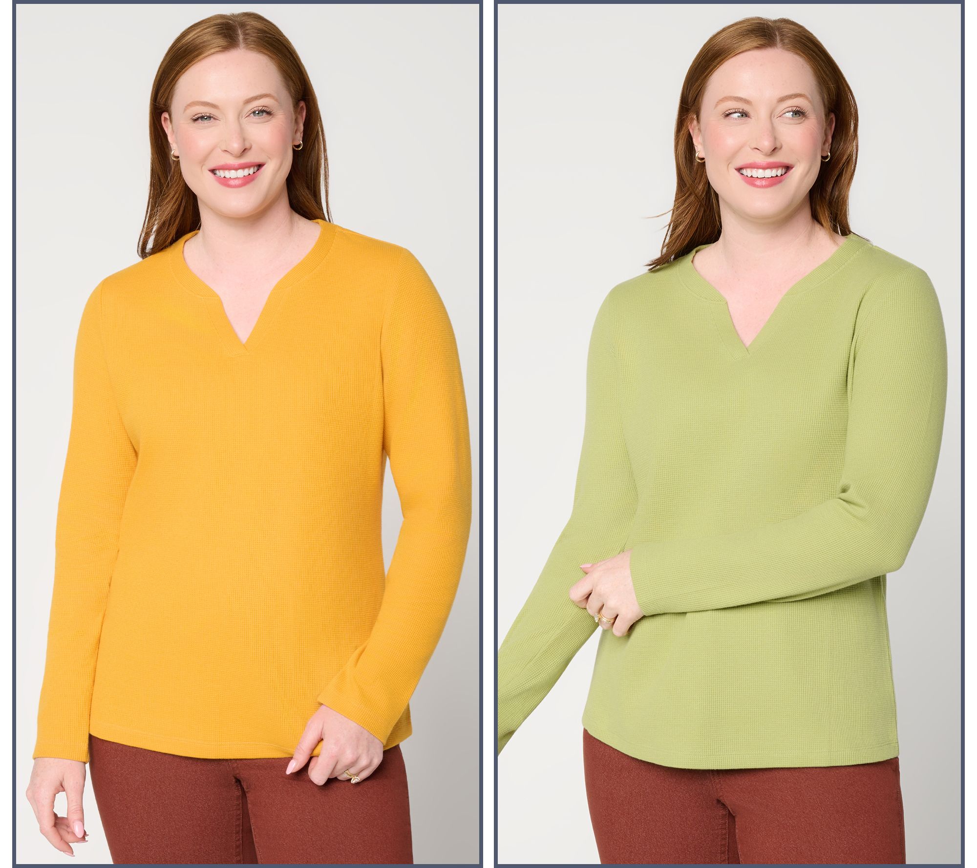  Denim & Co. Essentials Waffle Knit 2-Pack Split Neck Tops