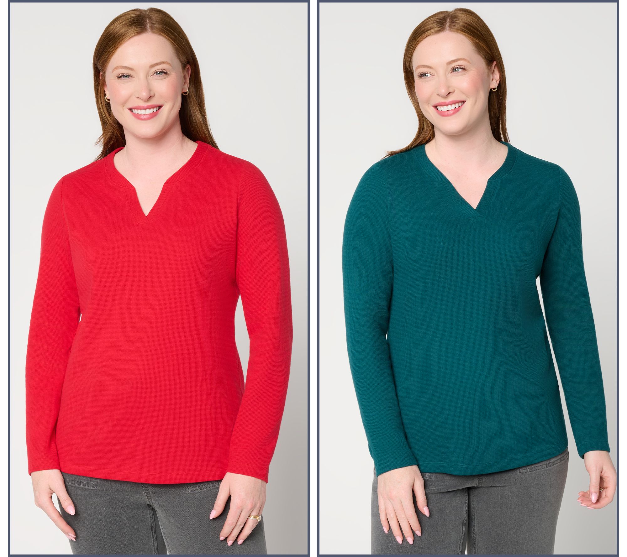 Denim & Co. Essentials Waffle Knit 2-Pack Split Neck Tops