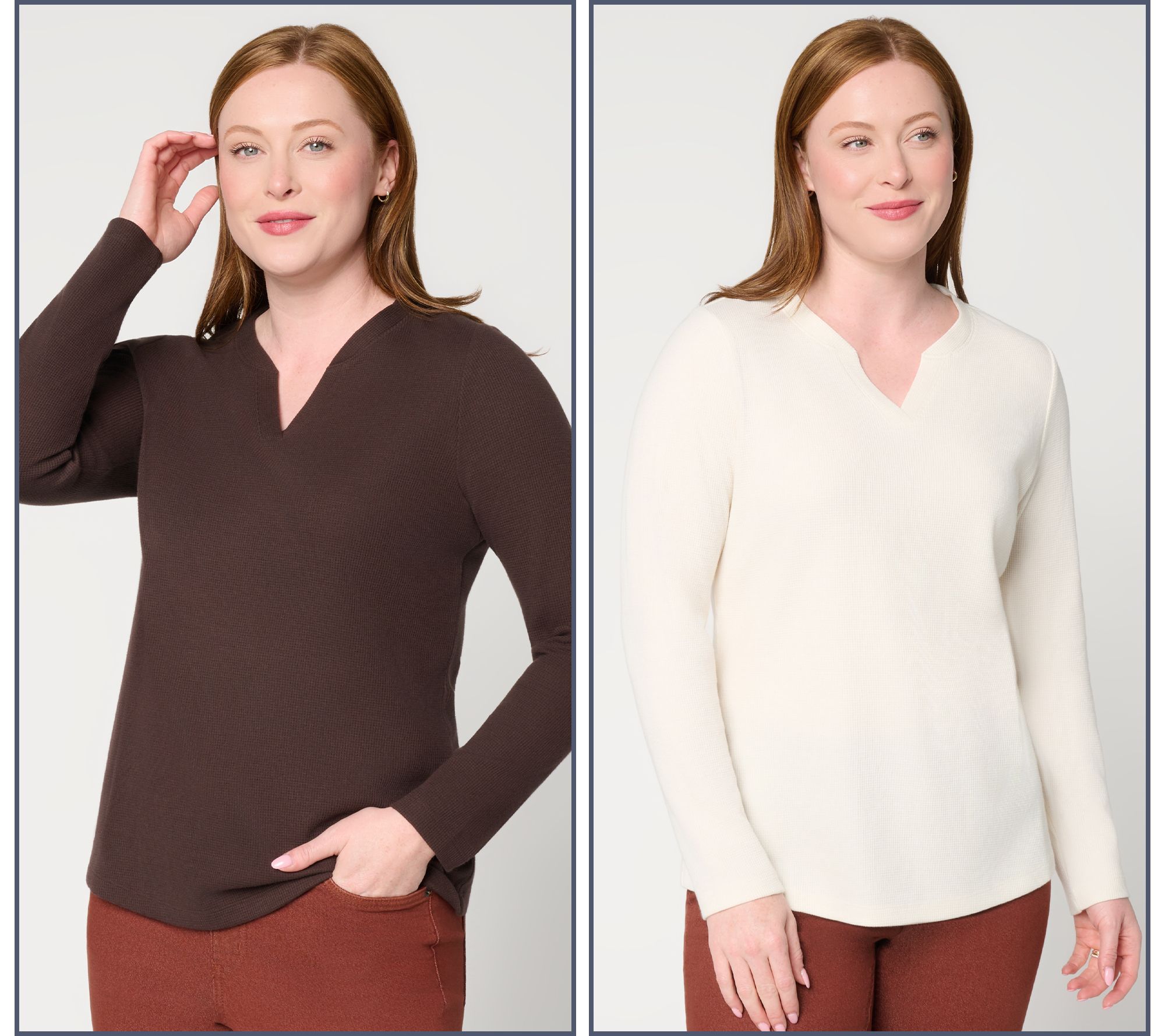 Denim & Co. Essentials Waffle Knit 2-Pack Split Neck Tops