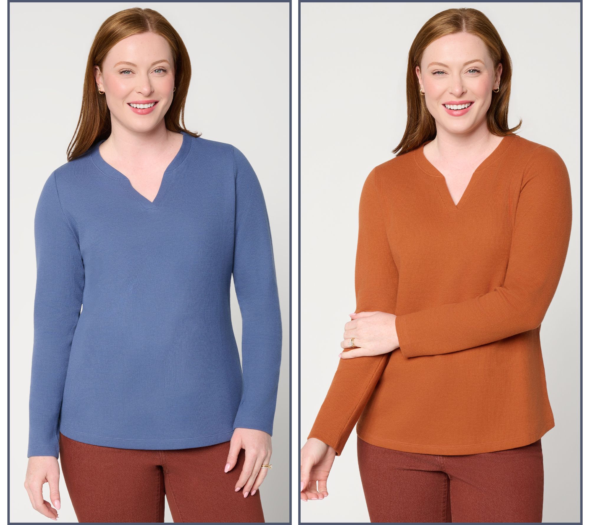 Denim & Co. Essentials Waffle Knit 2-Pack Split Neck Tops