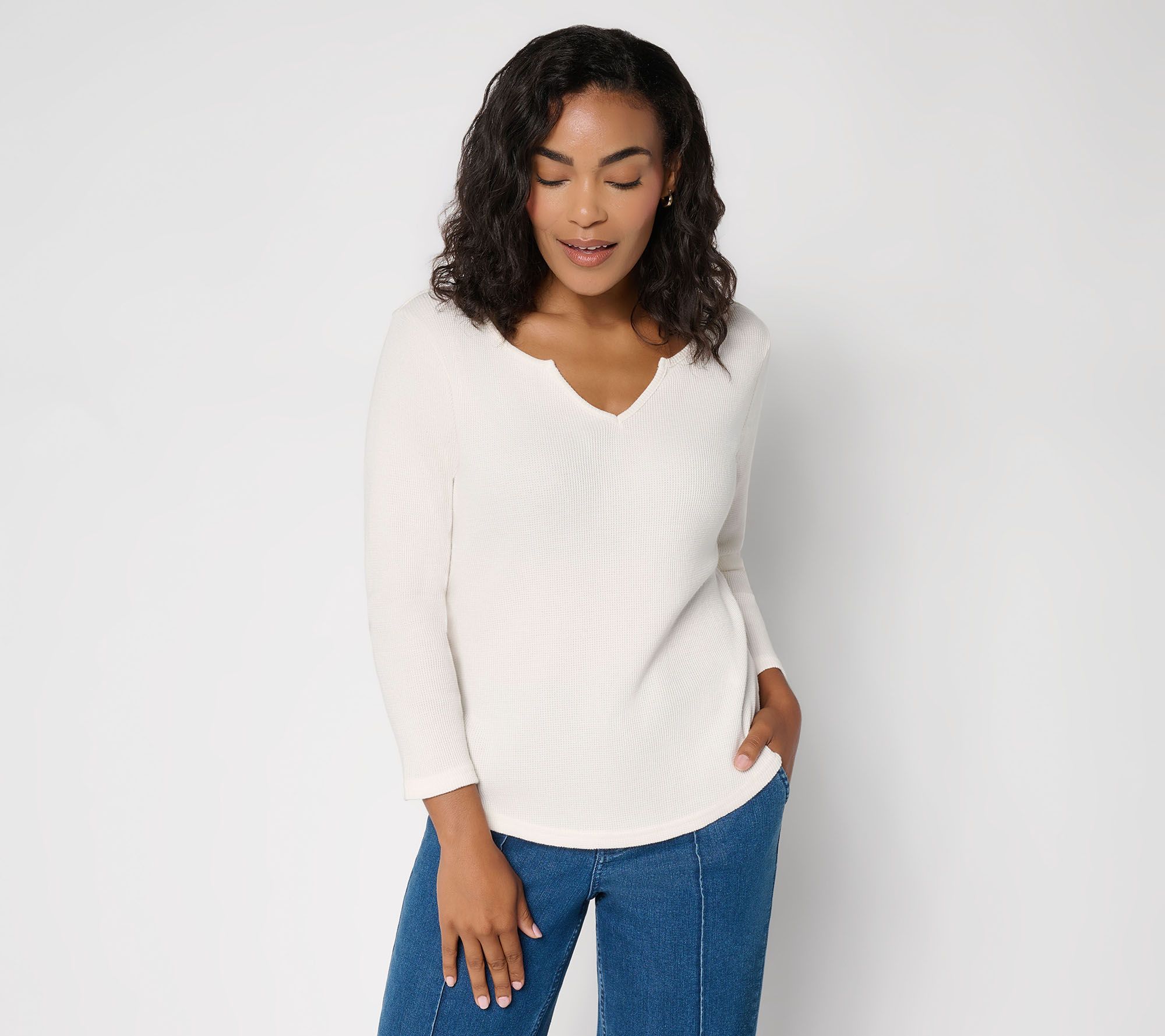 Me by Jennie Garth Cotton Blend Waffle Notch Neck Tee