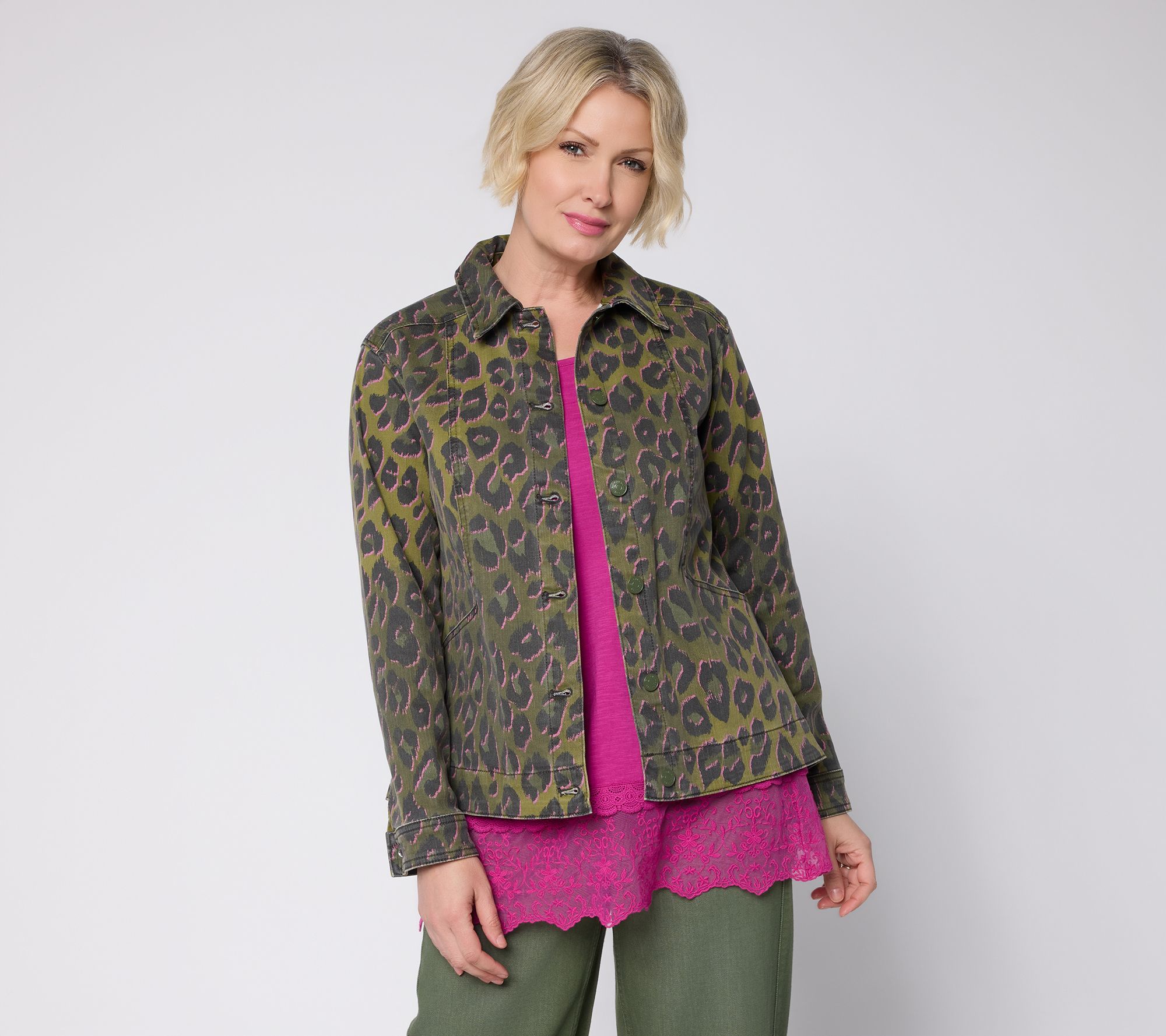 LOGO by Lori Goldstein Leopard Print Denim Jacket