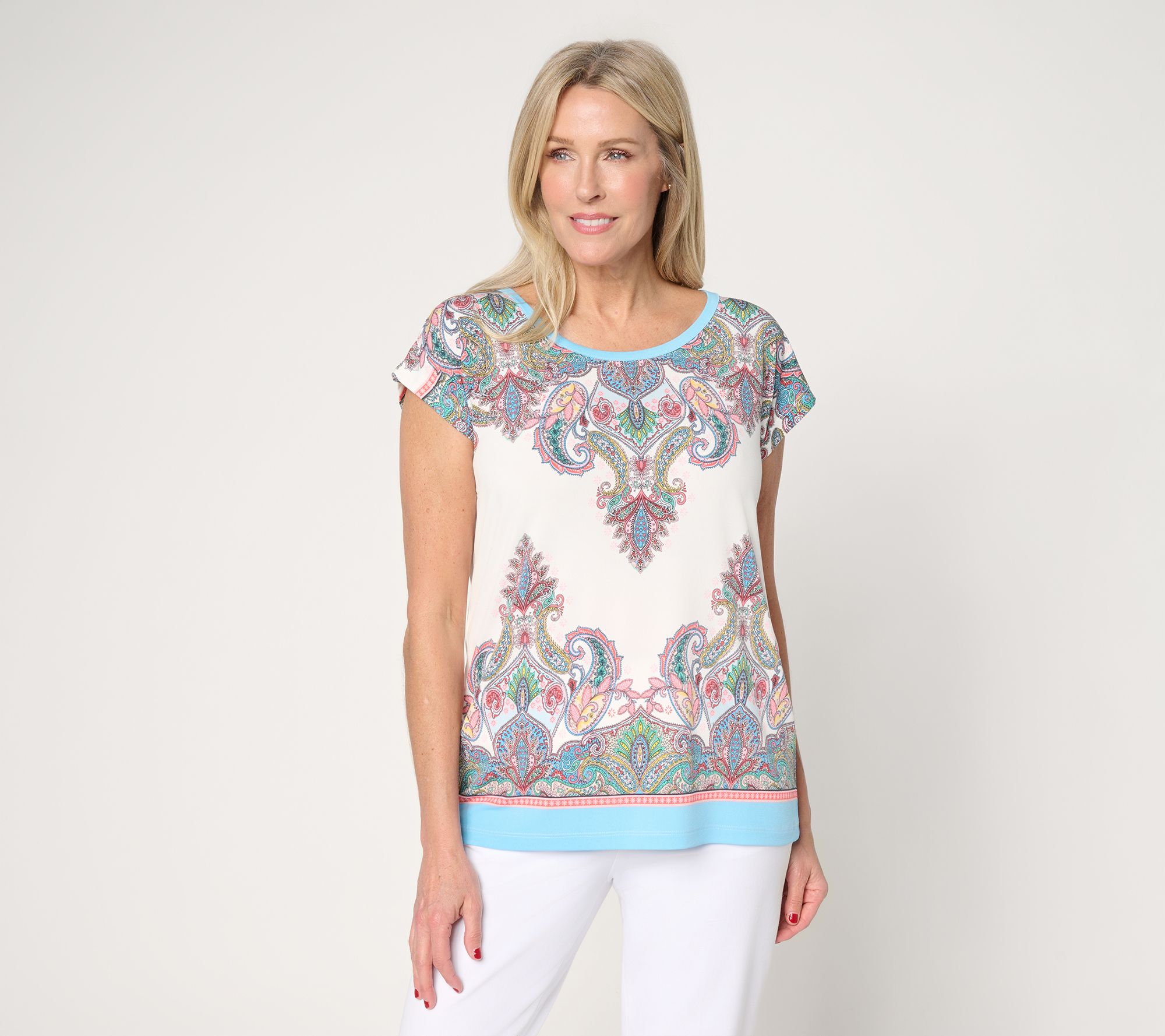 "As Is" Susan Graver Printed Liquid Knit Scoop Neck Cap Sleeve Top