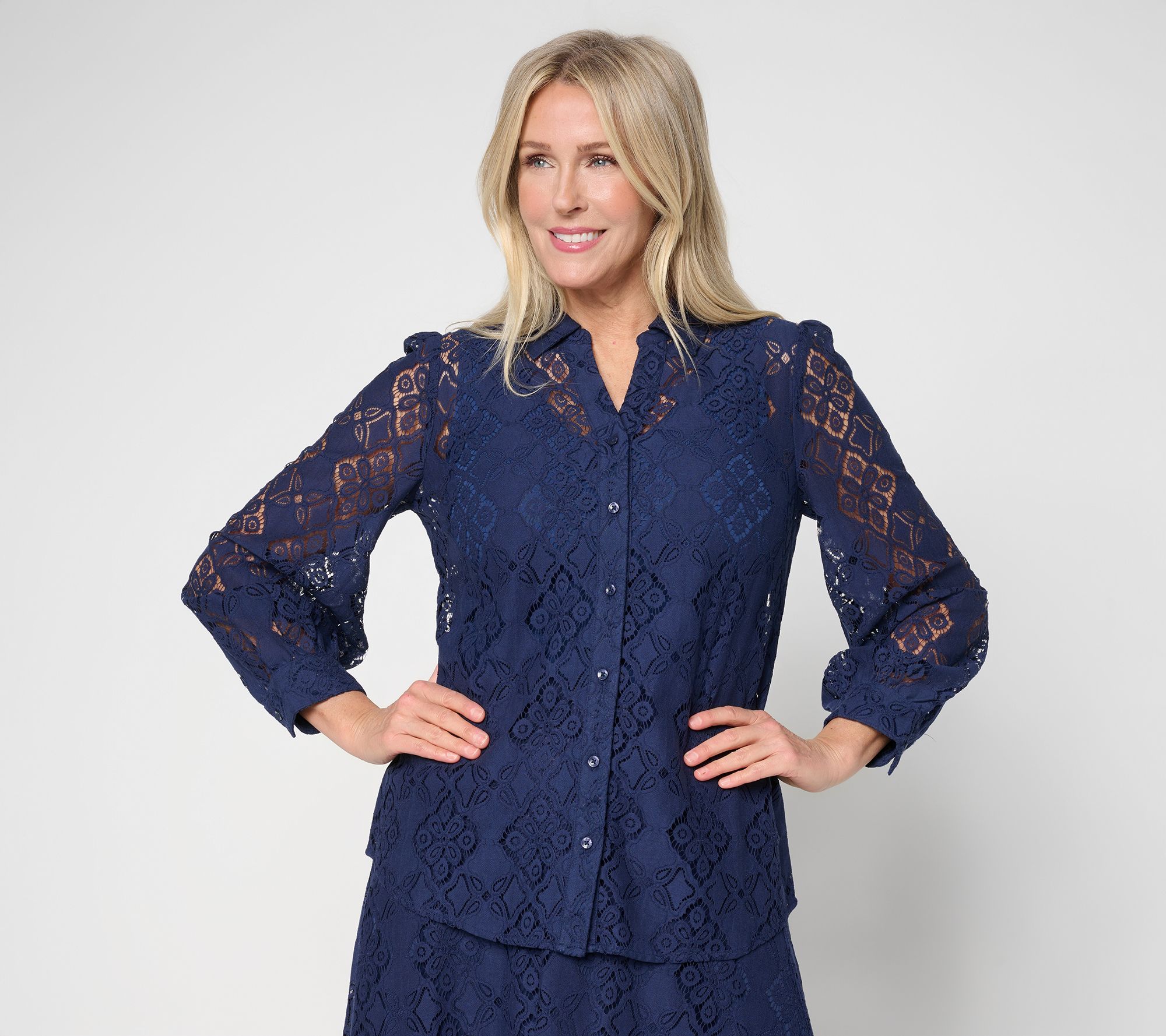 "As Is" BEAUTIFUL by Lawrence Zarian Lace Split Neck Button Blouse