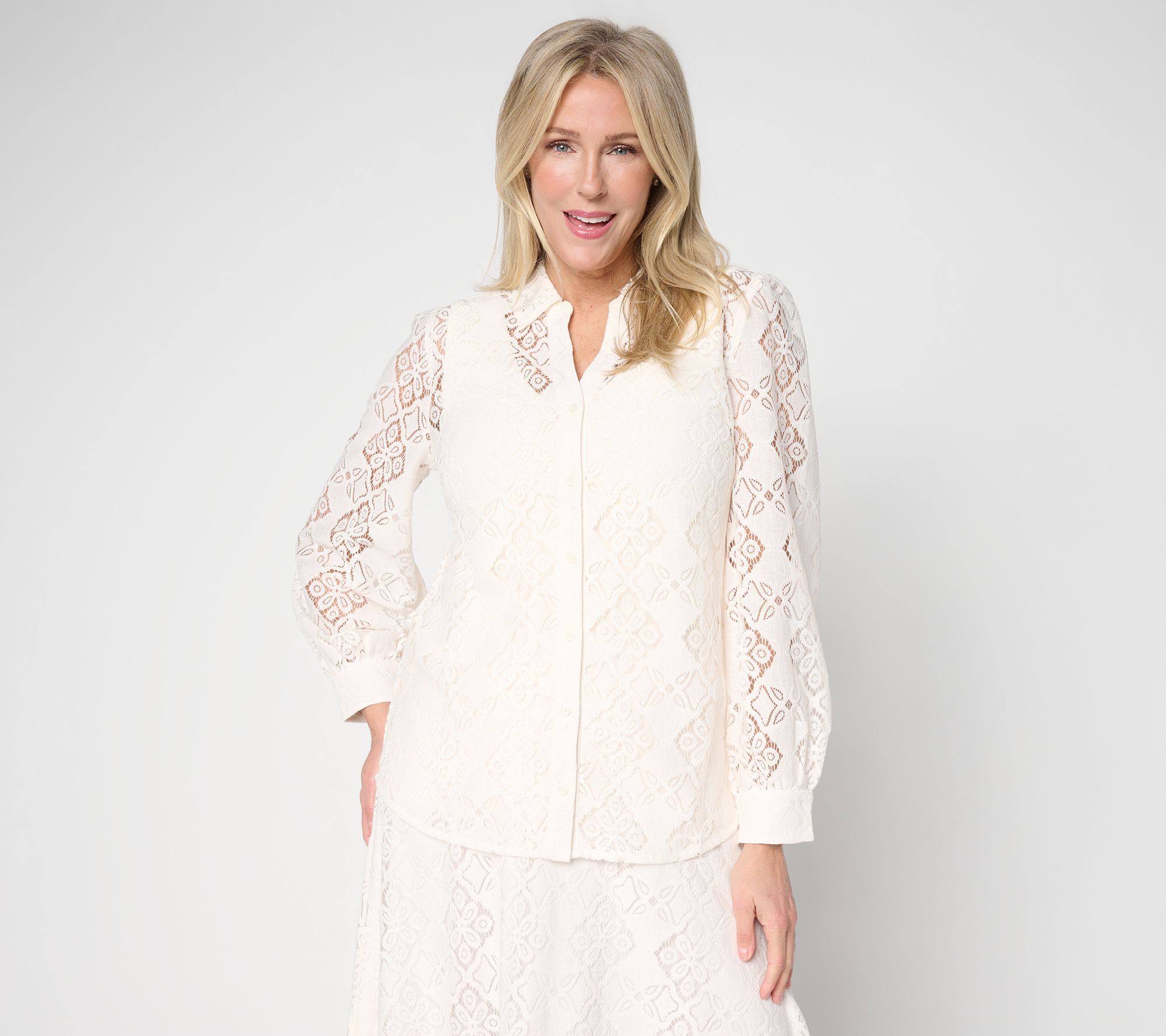 "As Is" BEAUTIFUL by Lawrence Zarian Lace Split Neck Button Blouse