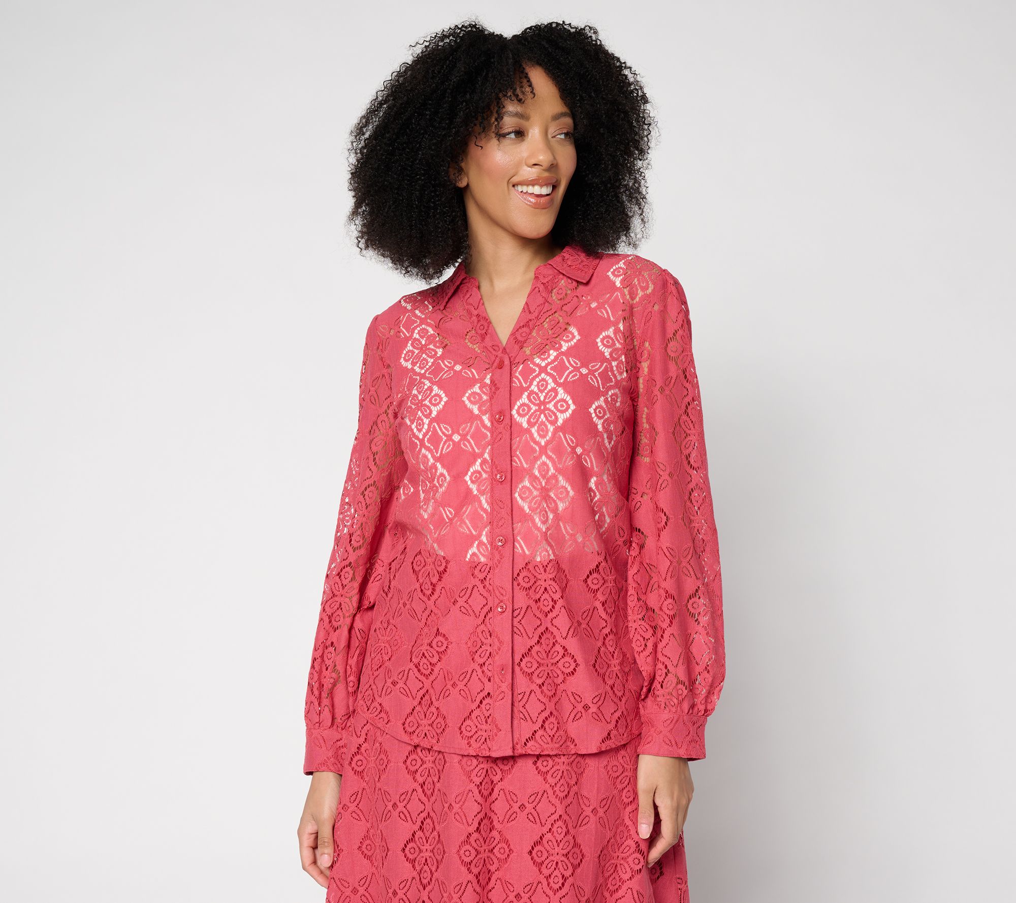 "As Is" BEAUTIFUL by Lawrence Zarian Lace Split Neck Button Blouse