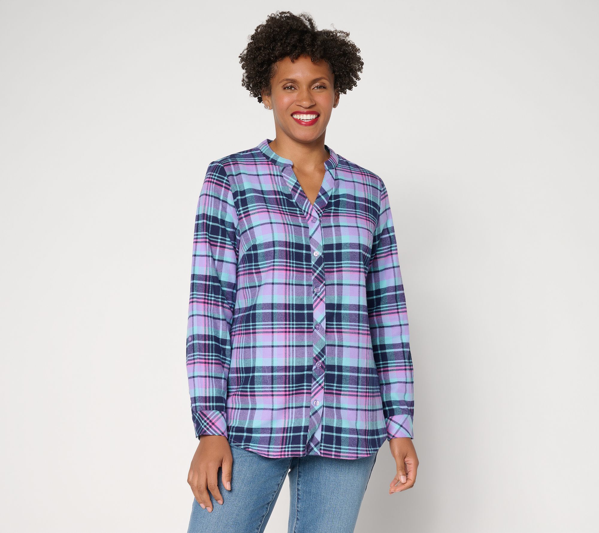 "As Is" Joan Rivers Double Burshed Flannel Boyfriend Roll-Tab Shirt