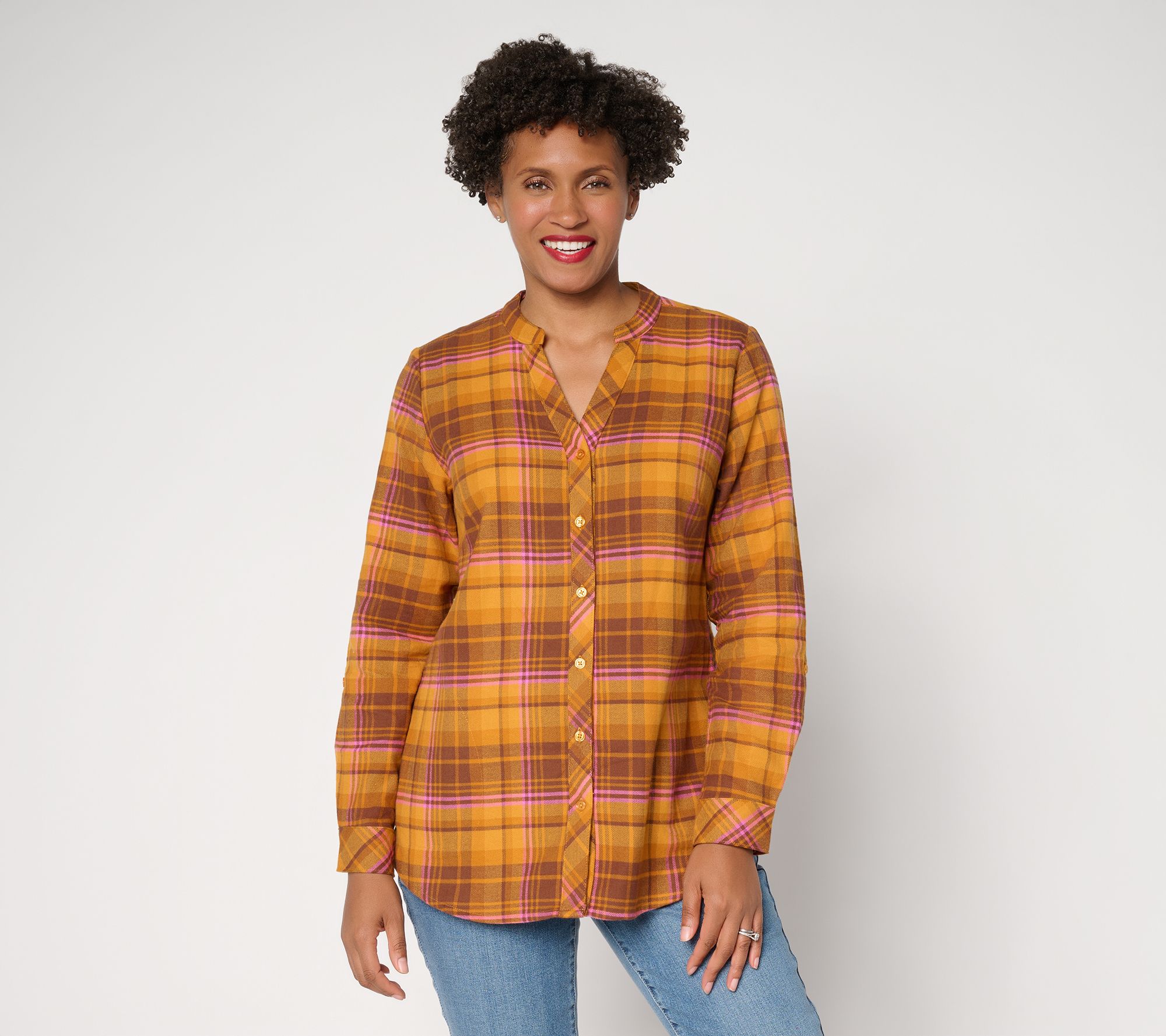 "As Is" Joan Rivers Double Burshed Flannel Boyfriend Roll-Tab Shirt