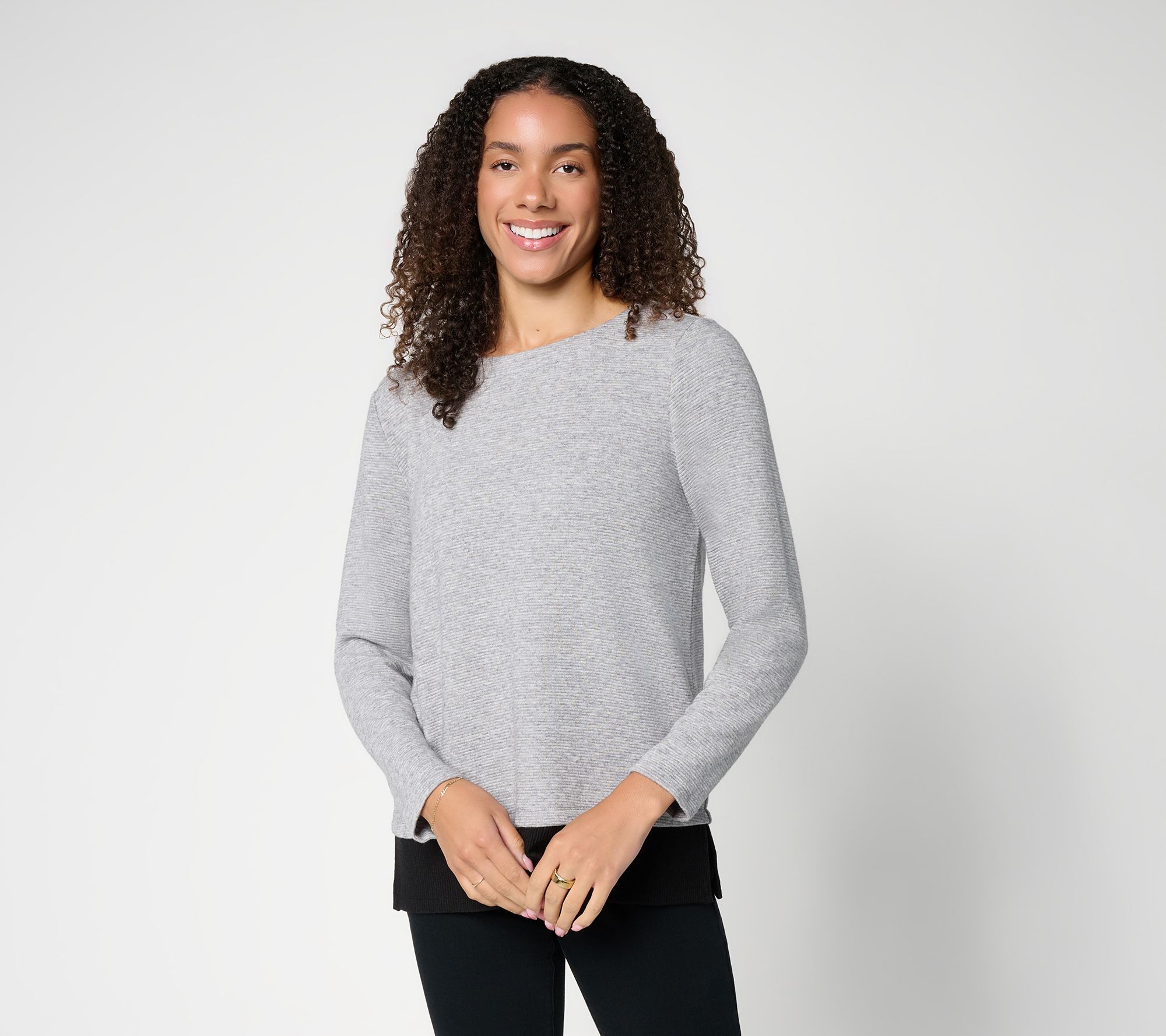  Susan Graver Weekend Sweater Rib Knit Long Sleeve Bateau Neck Top