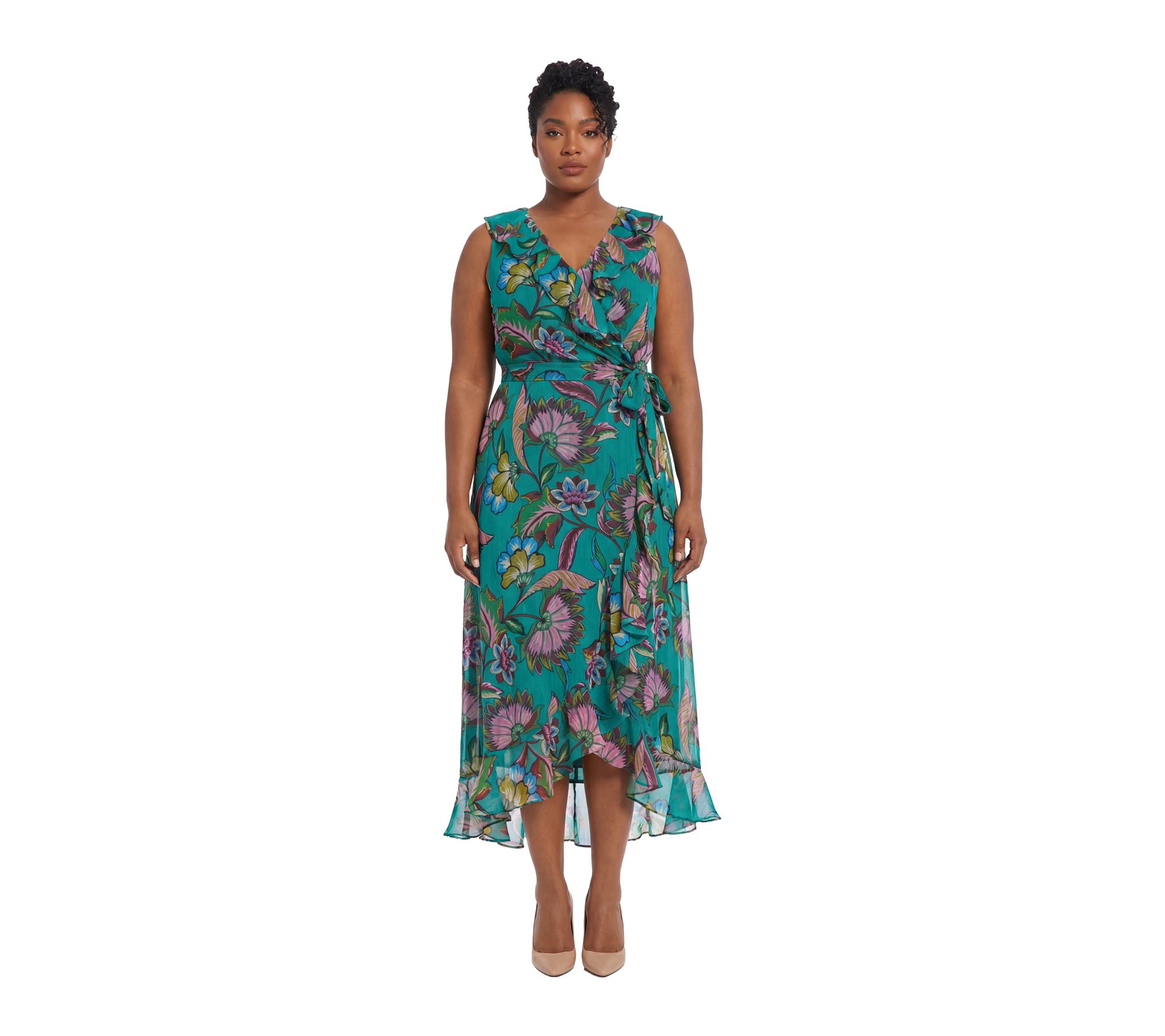 London Times Plus Side Tie Ruffle Wrap Maxi Dress