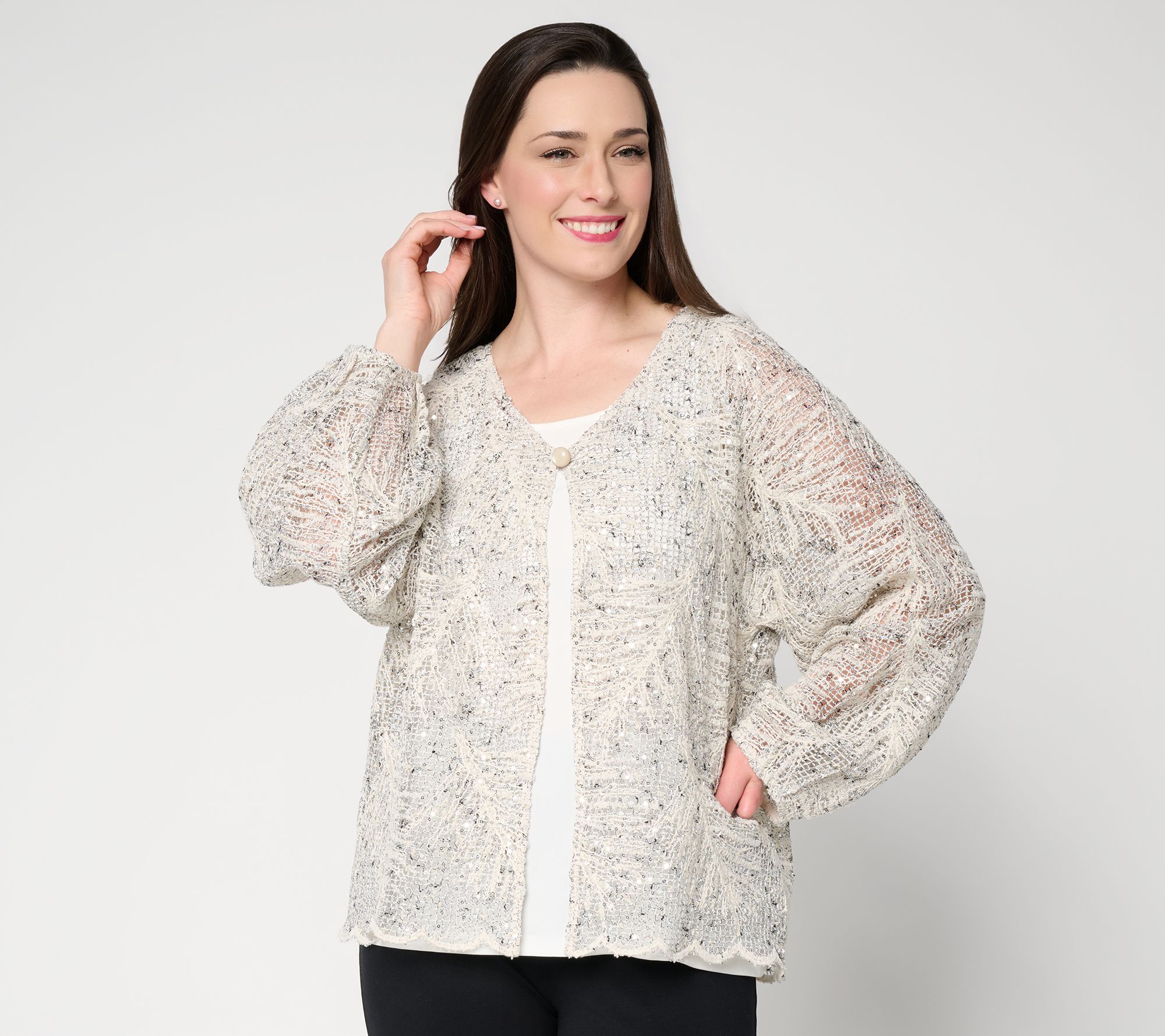 "As Is" Susan Graver Metallic Open Stitch 3/4 Sleeve Cardigan
