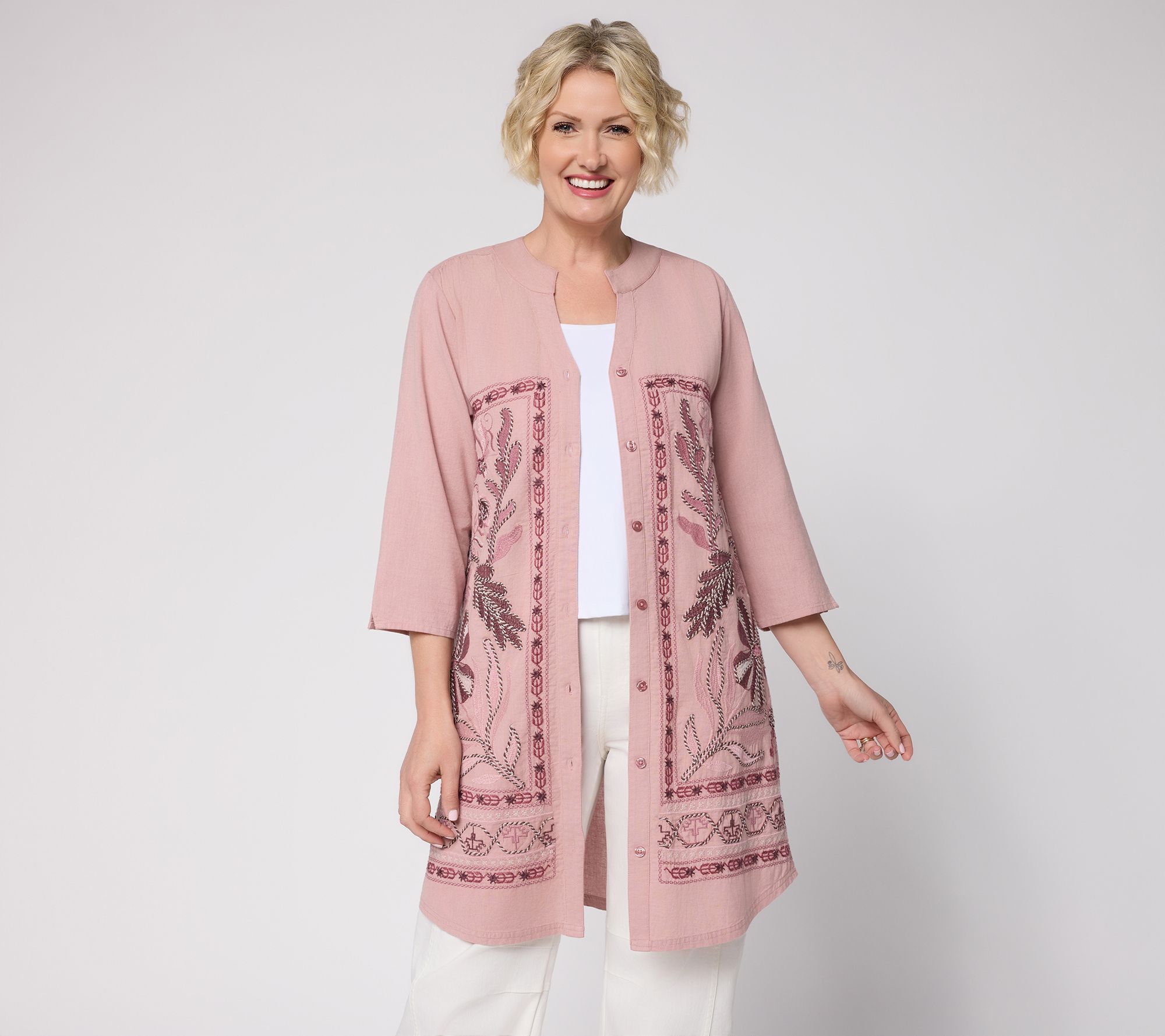 "As Is" LOGO Lavish by Lori Goldstein Pet 3/4 Slv Embroid Duster