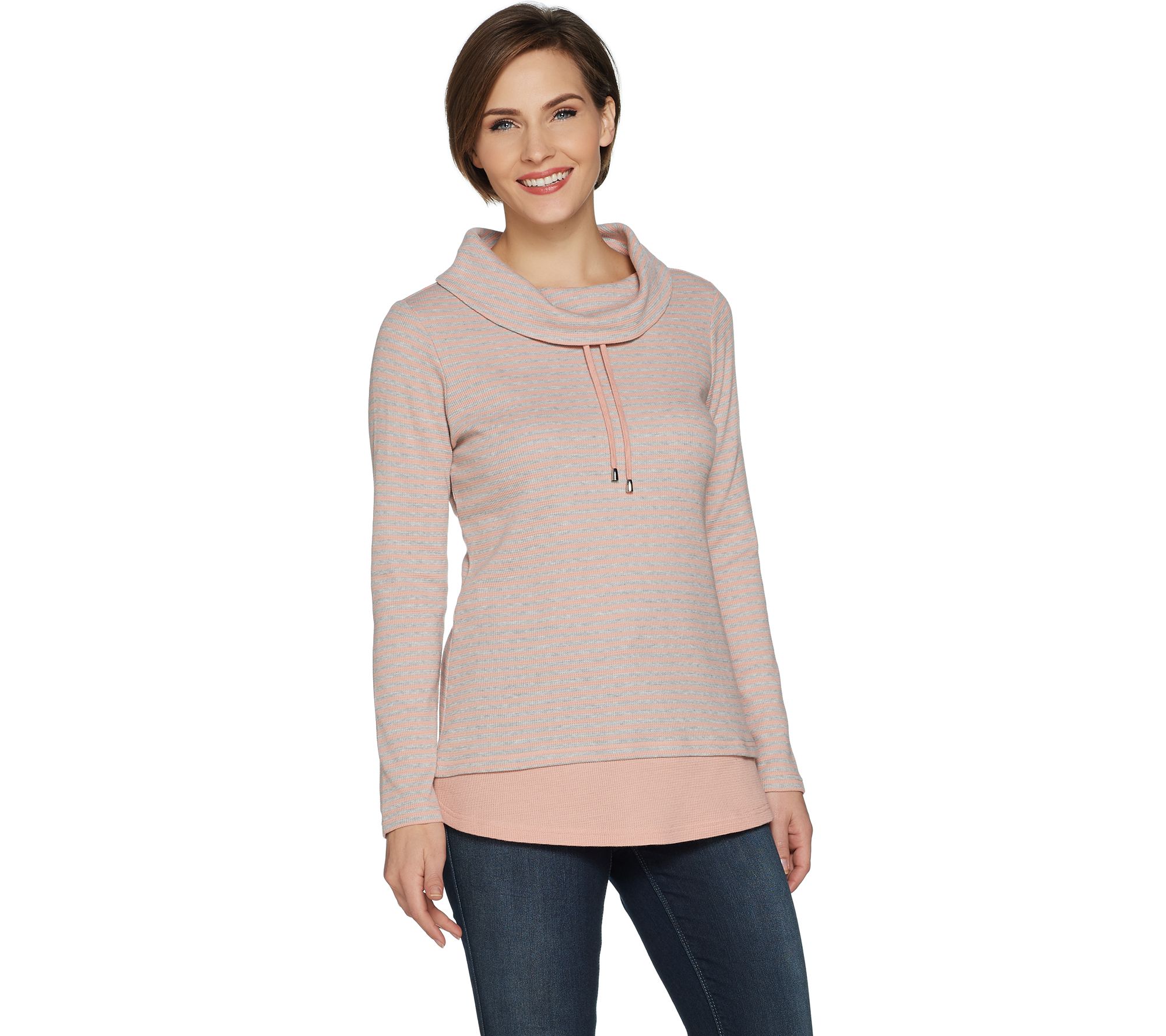 "As Is" Denim & Co. Active Heather Grey Striped Waffle Knit Pullover