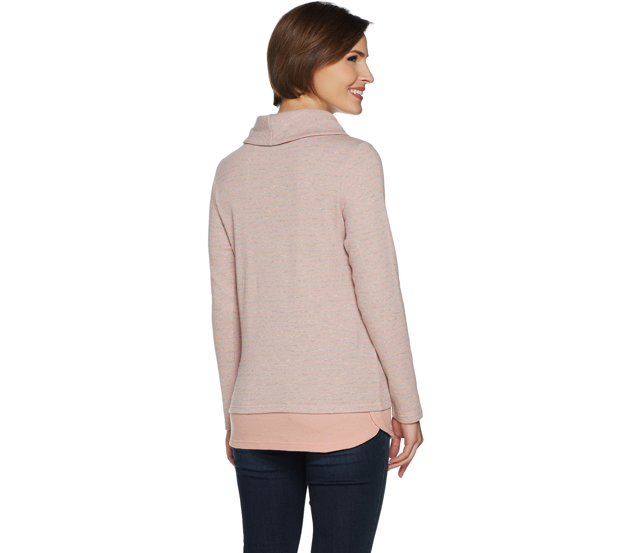 "As Is" Denim & Co. Active Heather Grey Striped Waffle Knit Pullover