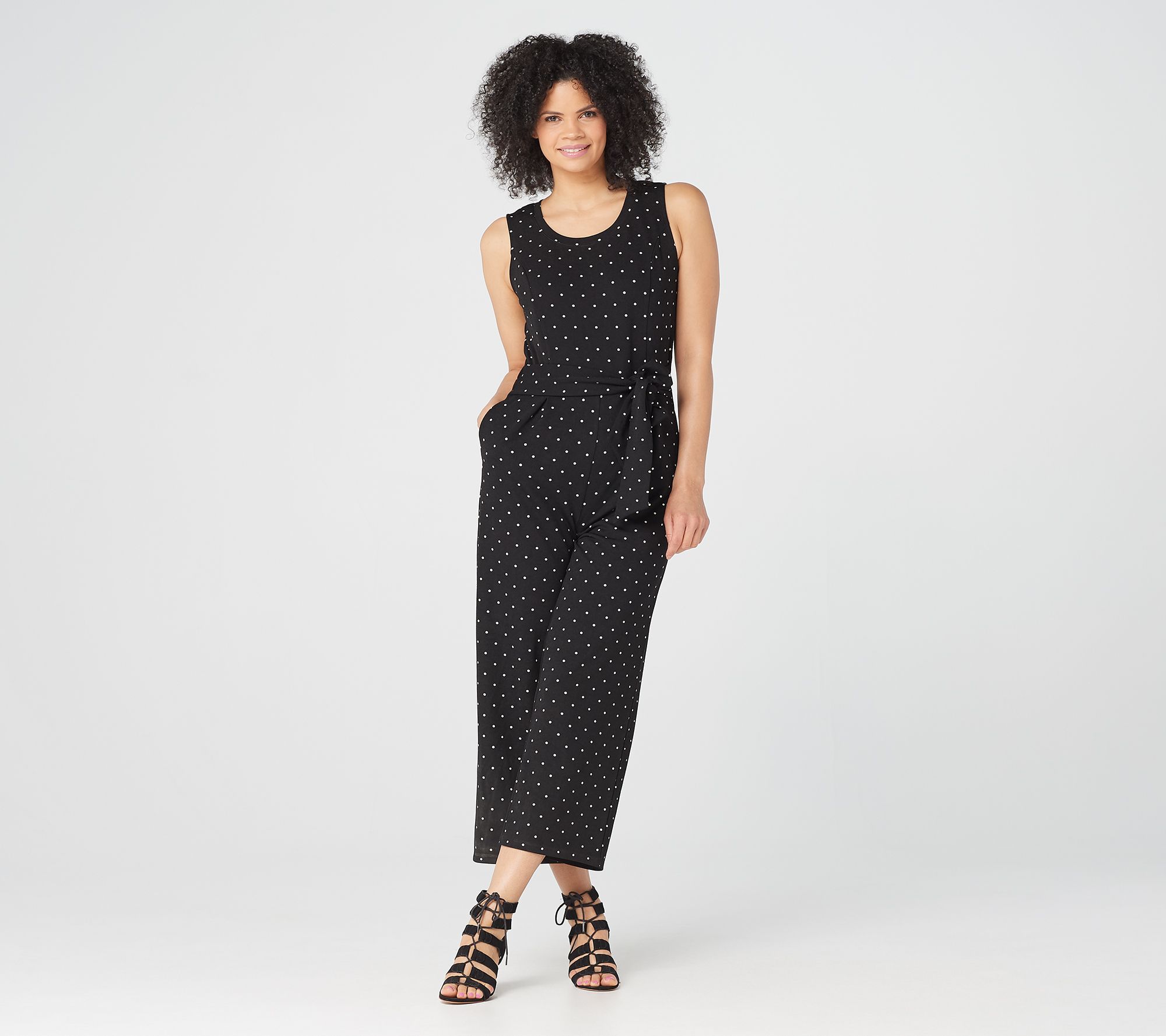 Isaac Mizrahi Live! Regular Tie-Waist Polka Dot Pebble Knit Jumpsuit