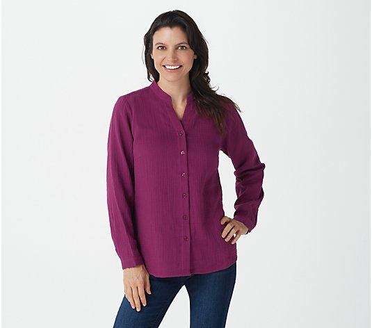 Joan Rivers Crinkle Texture Button Front Shirt w/ Pockets