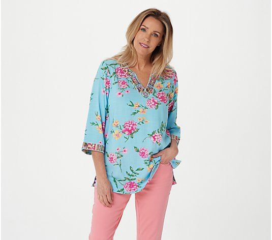 Belle by Kim Gravel Floral Print Blouse with Embroidery