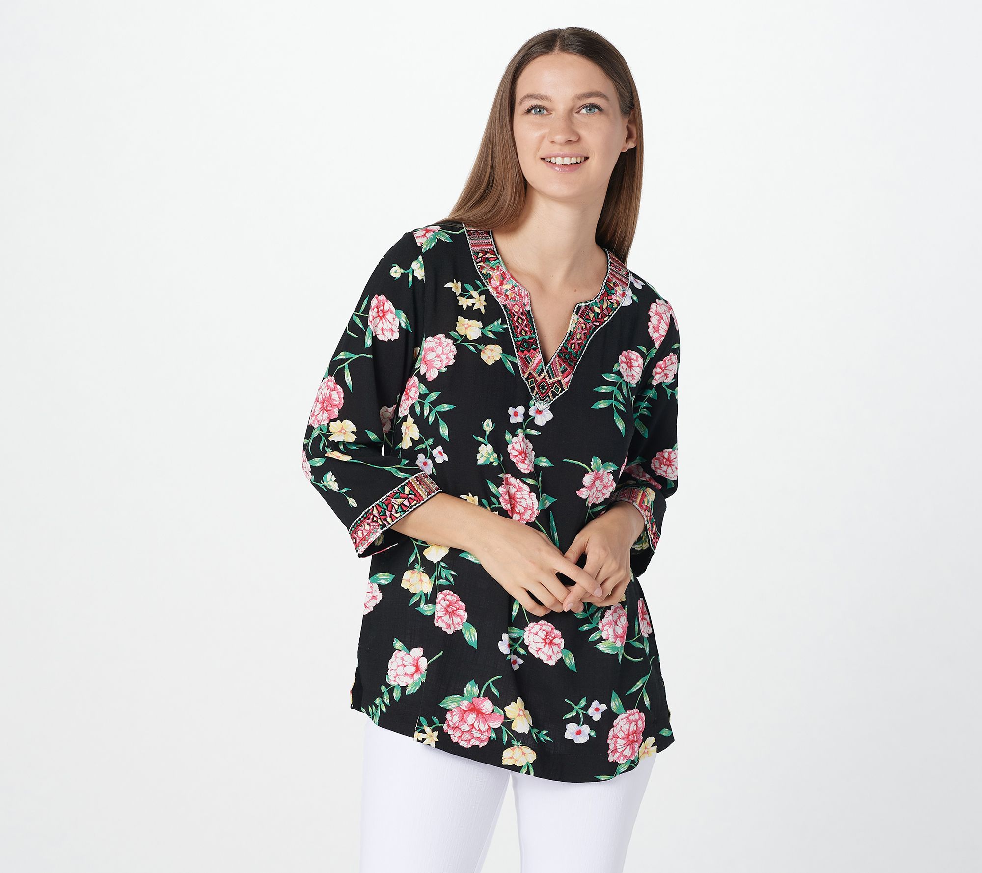 Belle by Kim Gravel Floral Print Blouse with Embroidery