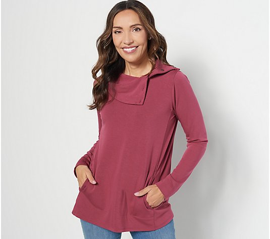 Susan Graver Weekend Plush Back Knit Funnel-Neck Top with Buttons