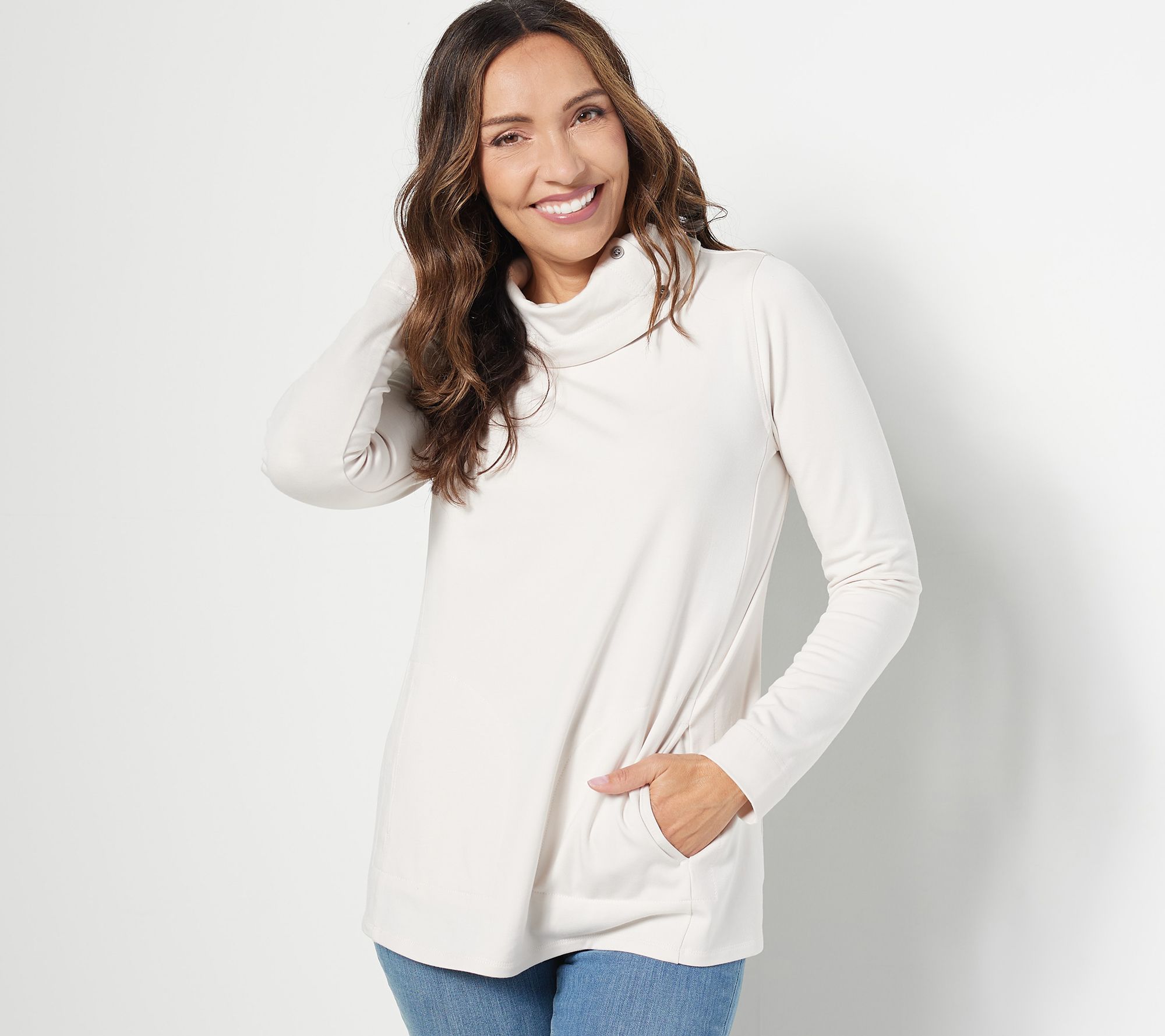 Susan Graver Weekend Plush Back Knit Funnel-Neck Top with Buttons