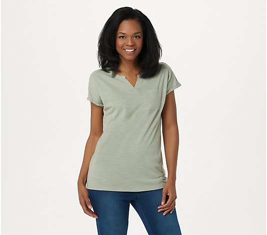 "As Is" Denim & Co. Naturals Linen Slub Jersey Top with Chest Pocket