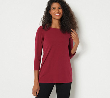  Susan Graver Liquid Knit 3/4 Sleeve Tie Back Top with Button Back Detail - A516320