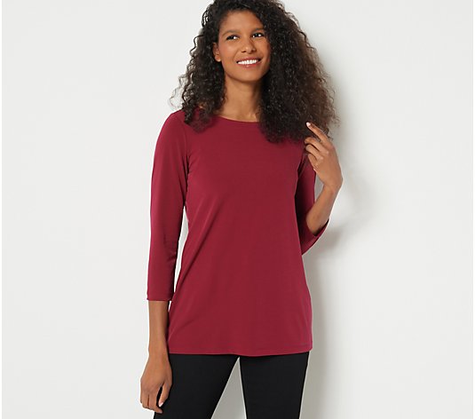 Susan Graver Liquid Knit 3/4 Sleeve Tie Back Top with Button Back Detail