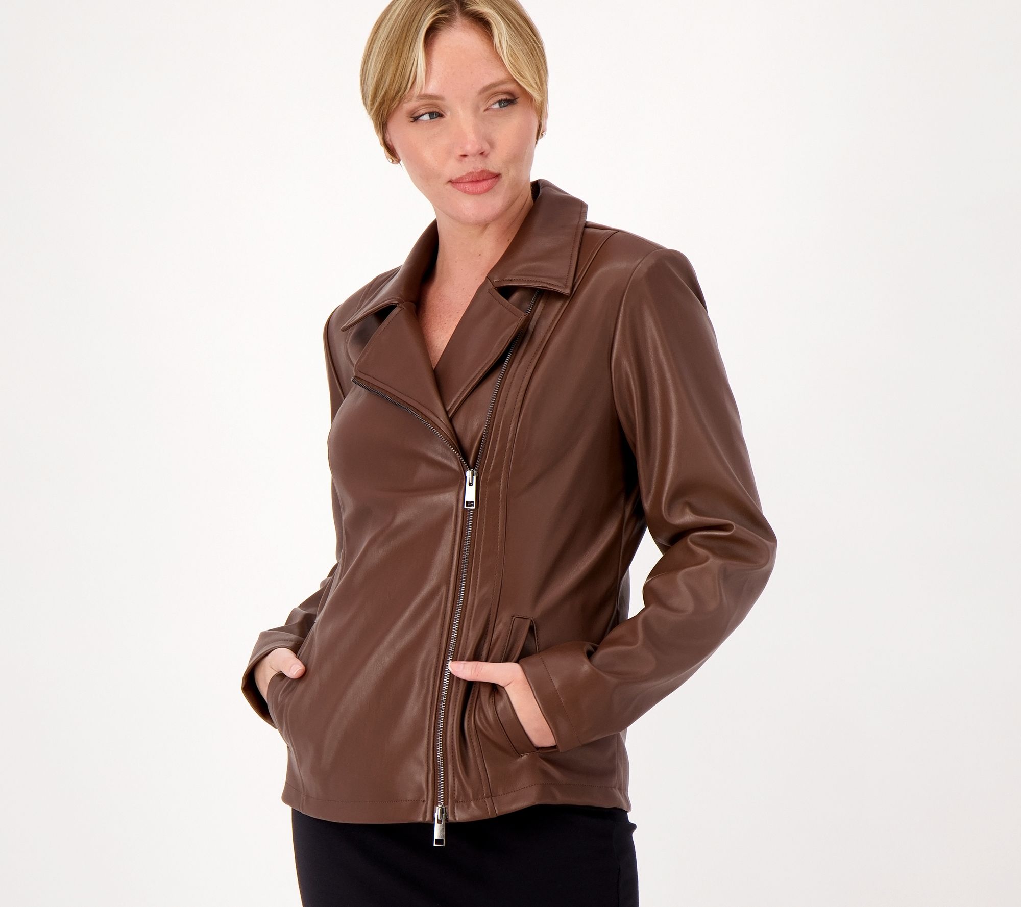 aluminio Precipicio huella Denim & Co. Faux Leather Side Zip Moto Jacket - QVC.com