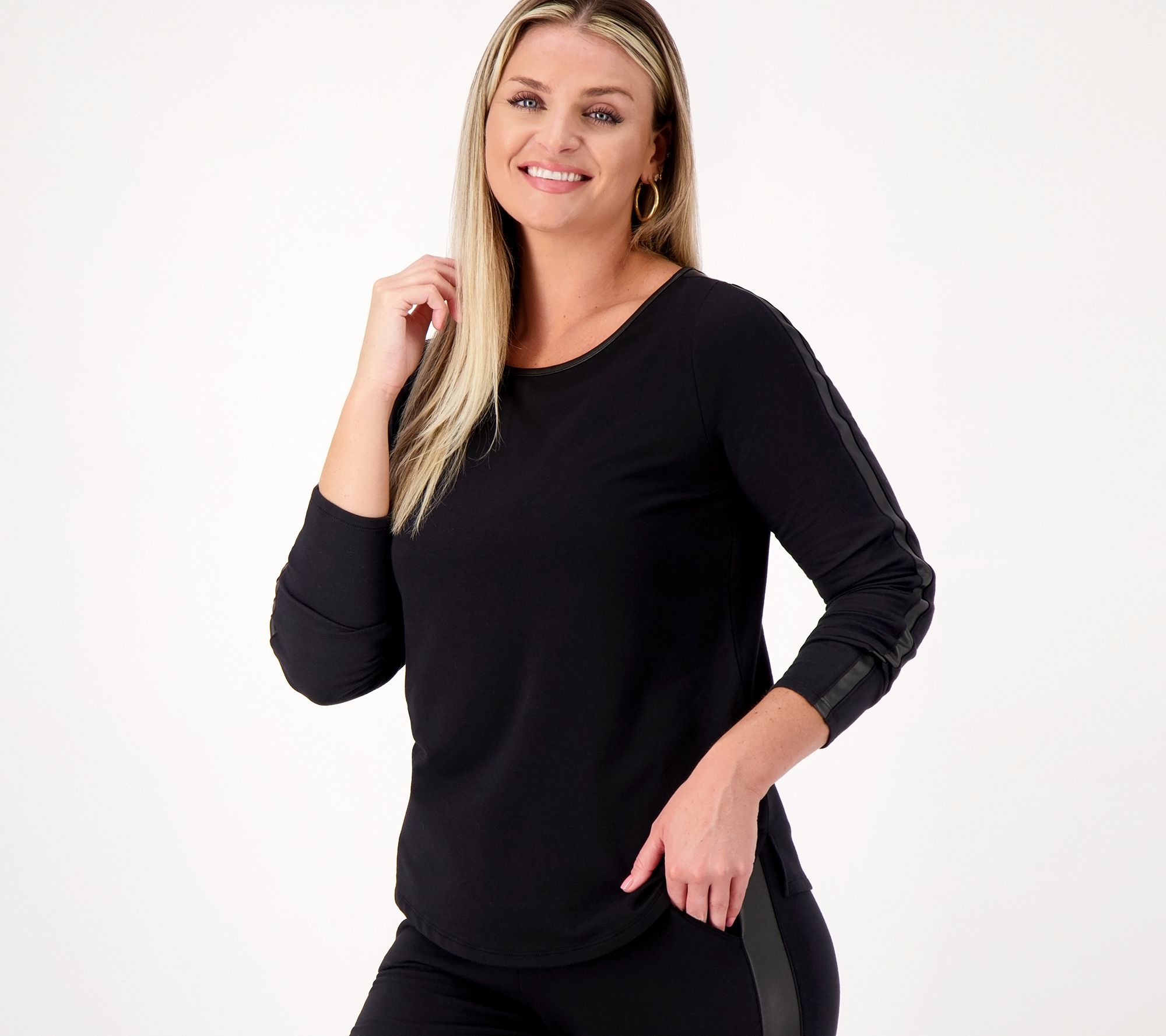Belle by Kim Gravel French Terry Top with Faux Leather Trim