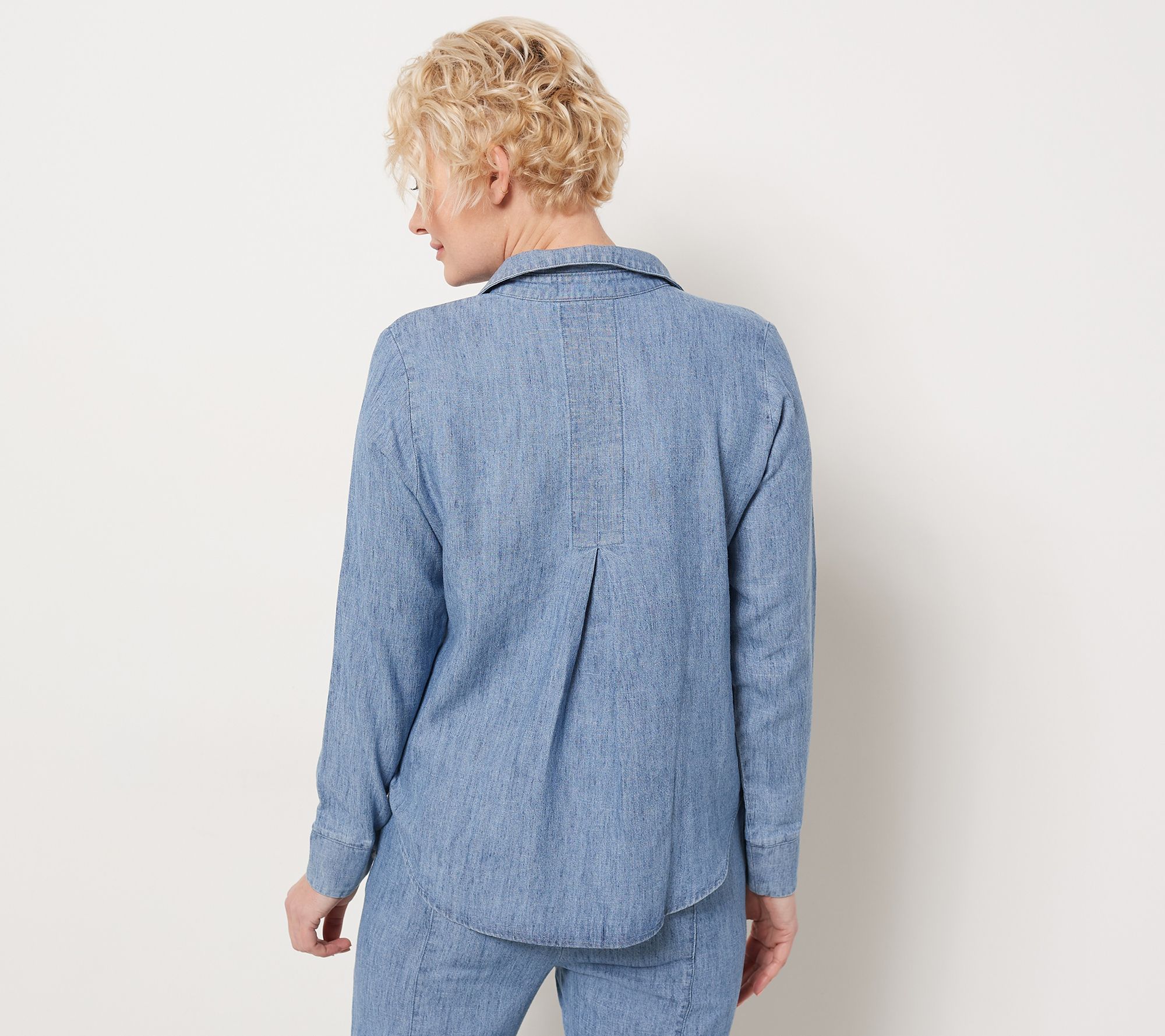 "As Is" Side Stitch Soft Textured Tencel Pleated Back Shirt w/ Pocket