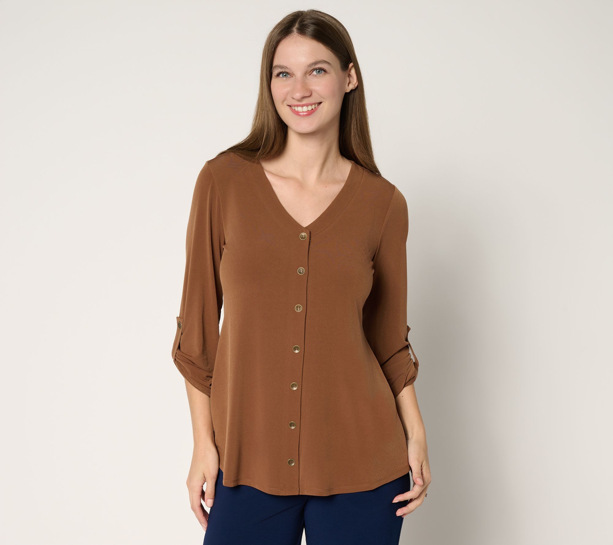 Susan Graver Liquid Knit V-Neck Button Trimmed Roll Tab Top