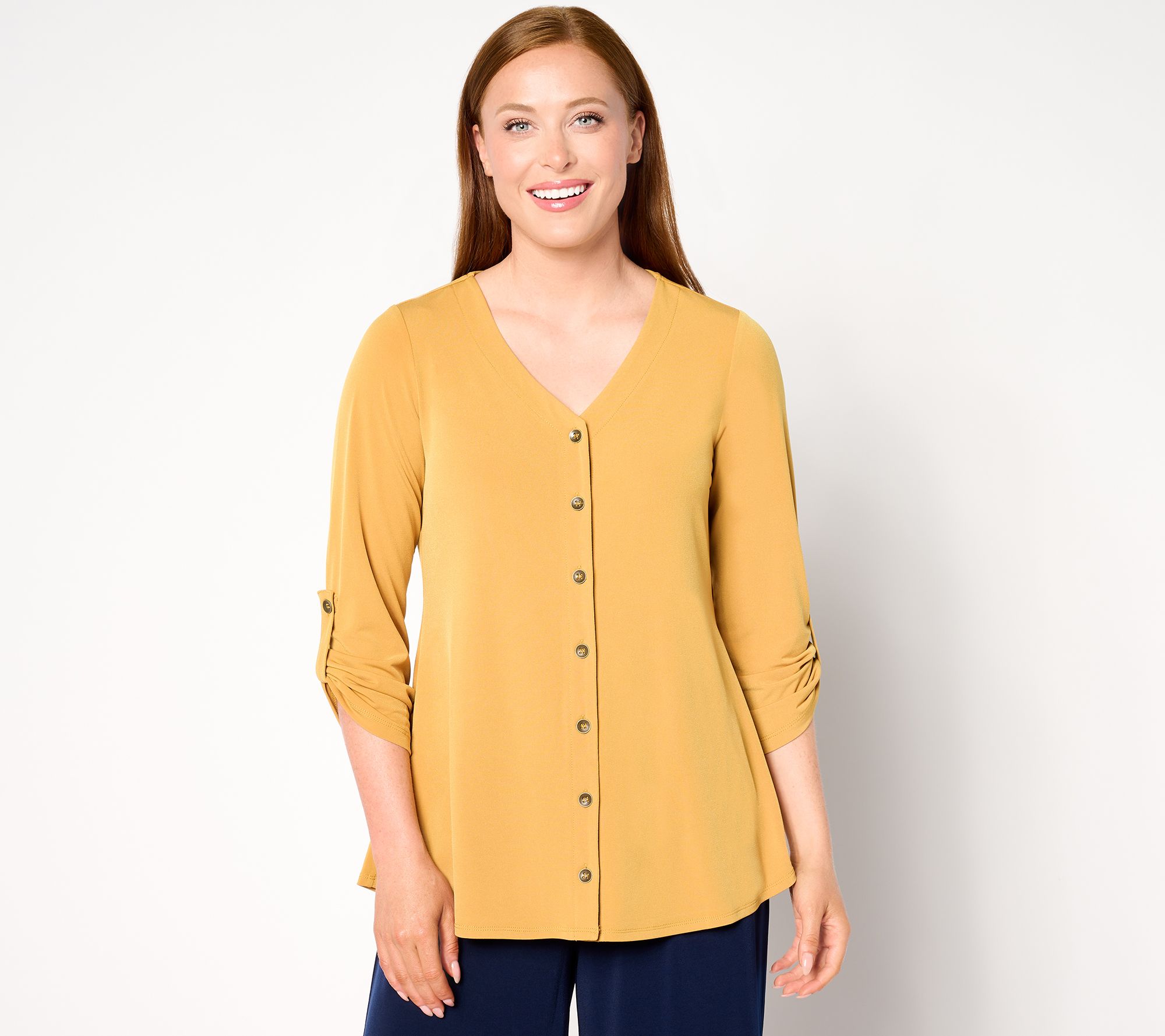 Susan Graver Liquid Knit V-Neck Button Trimmed Roll Tab Top