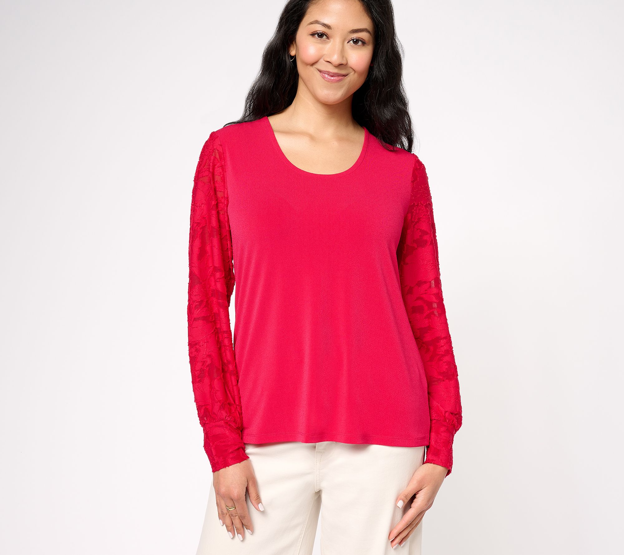 Isaac Mizrahi Live! Pebble Knit Top with Floral Burnout Sleeves