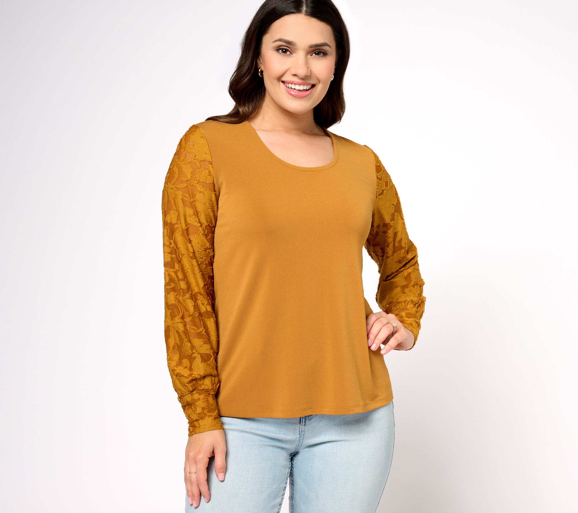 Isaac Mizrahi Live! Pebble Knit Top with Floral Burnout Sleeves